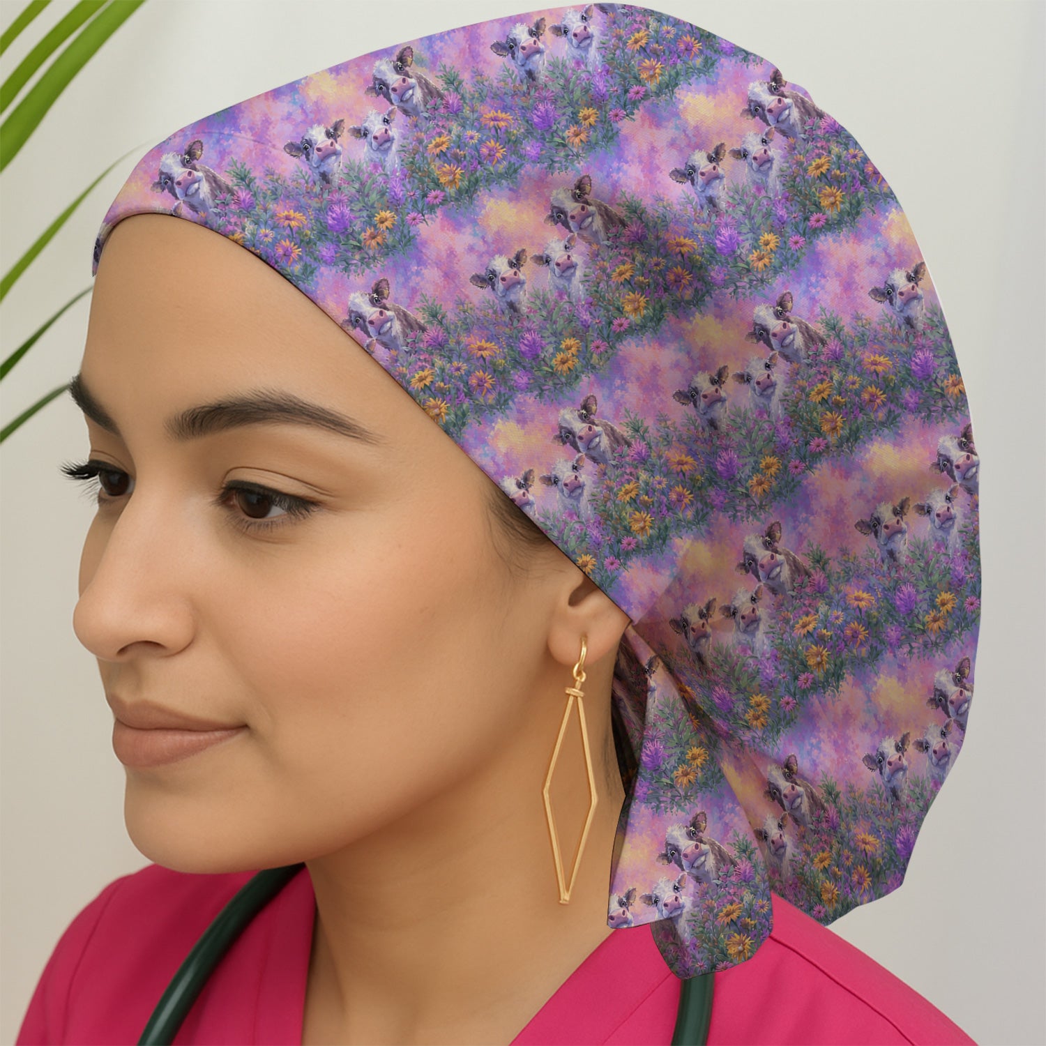 Pastel Cow Meadow Flower Pattern Scrub Cap, Surgical Caps for Doctors