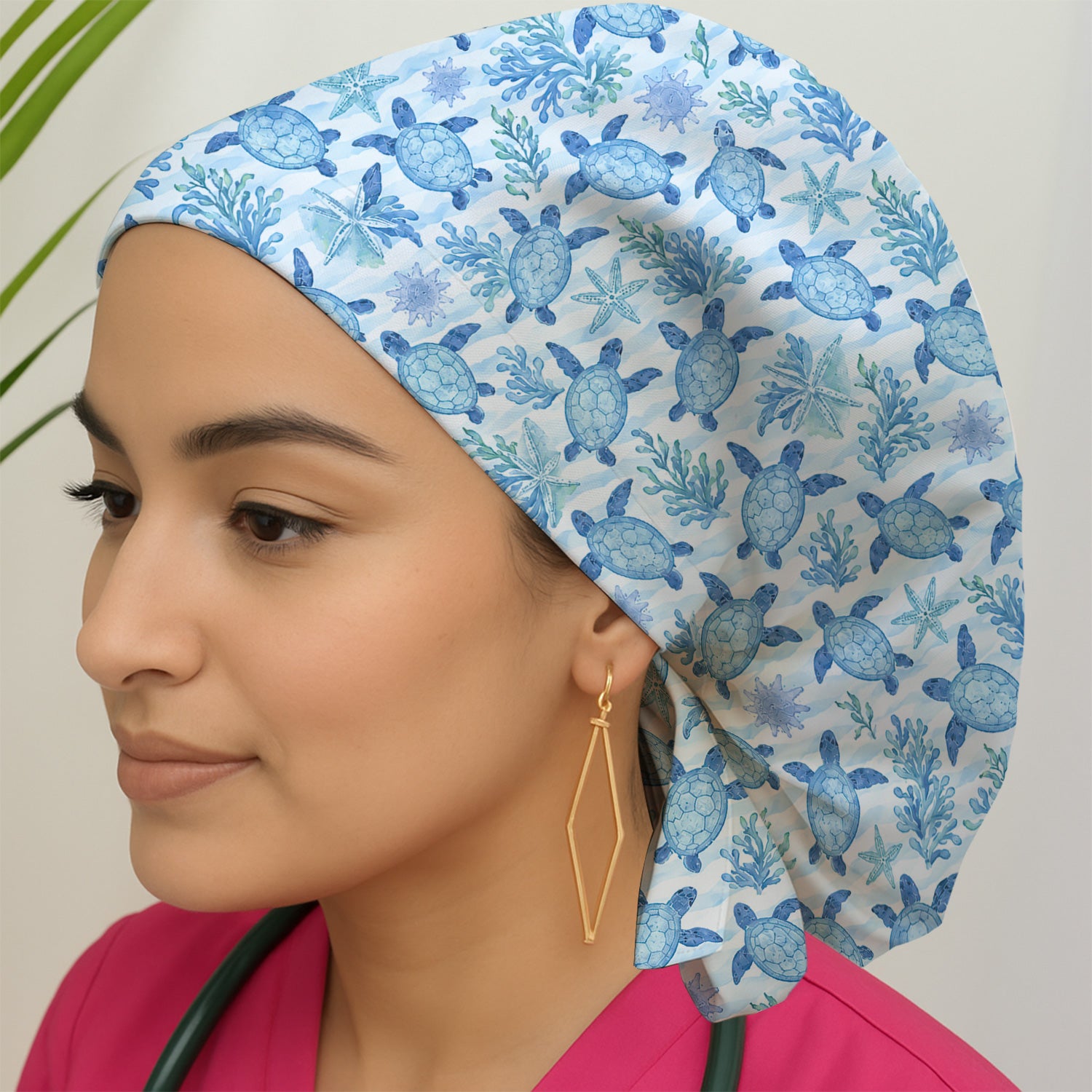 Cute Coastal Sea Turtle Coral Pattern Scrub Cap, Surgical Caps for Doctors