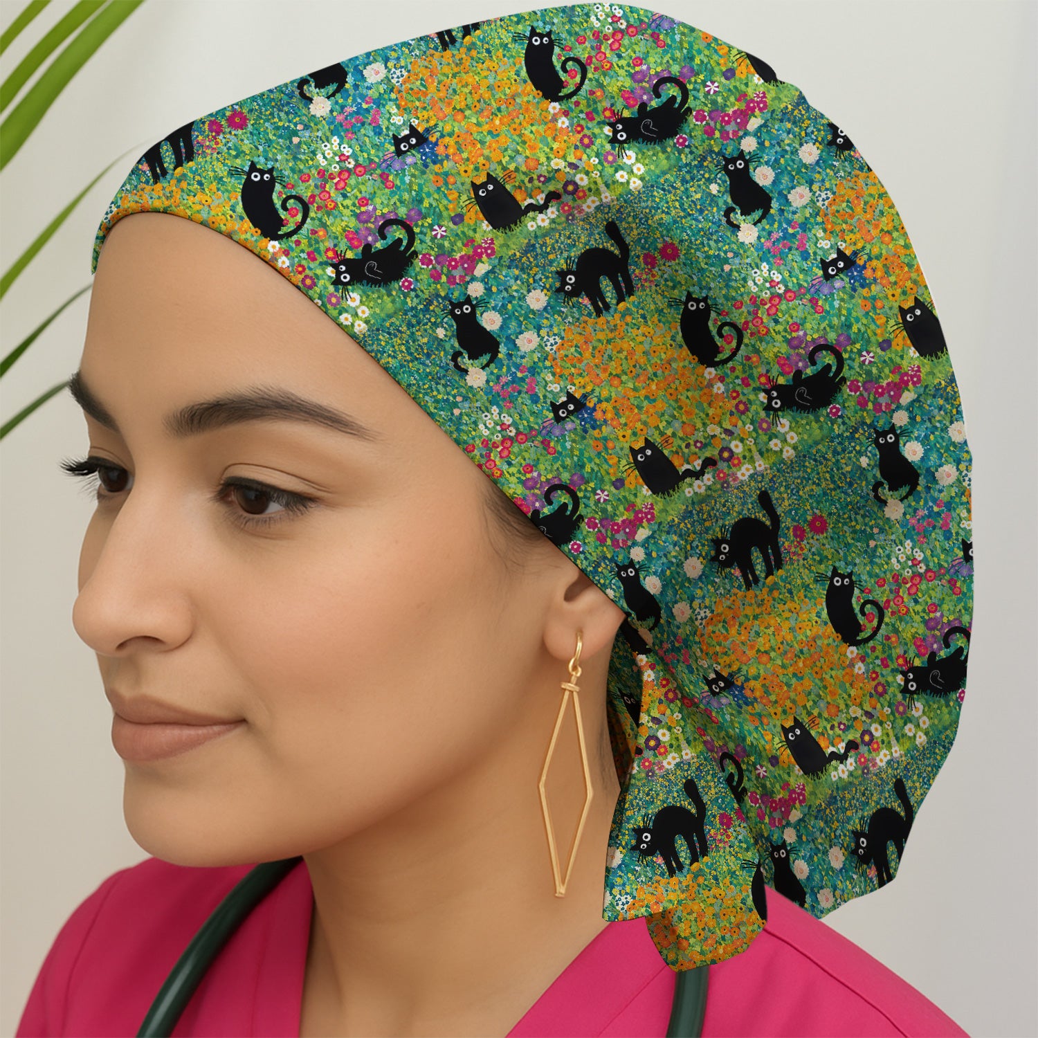 Black Cat Flower Garden Pattern Scrub Cap, Surgical Caps for Doctors