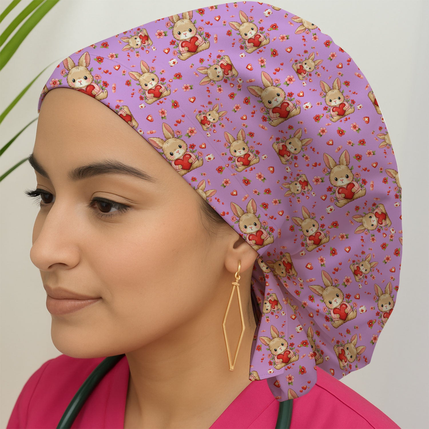 Adorable Bunny Heart Healthcare Design Cap, Bouffant Scrub Caps for Women