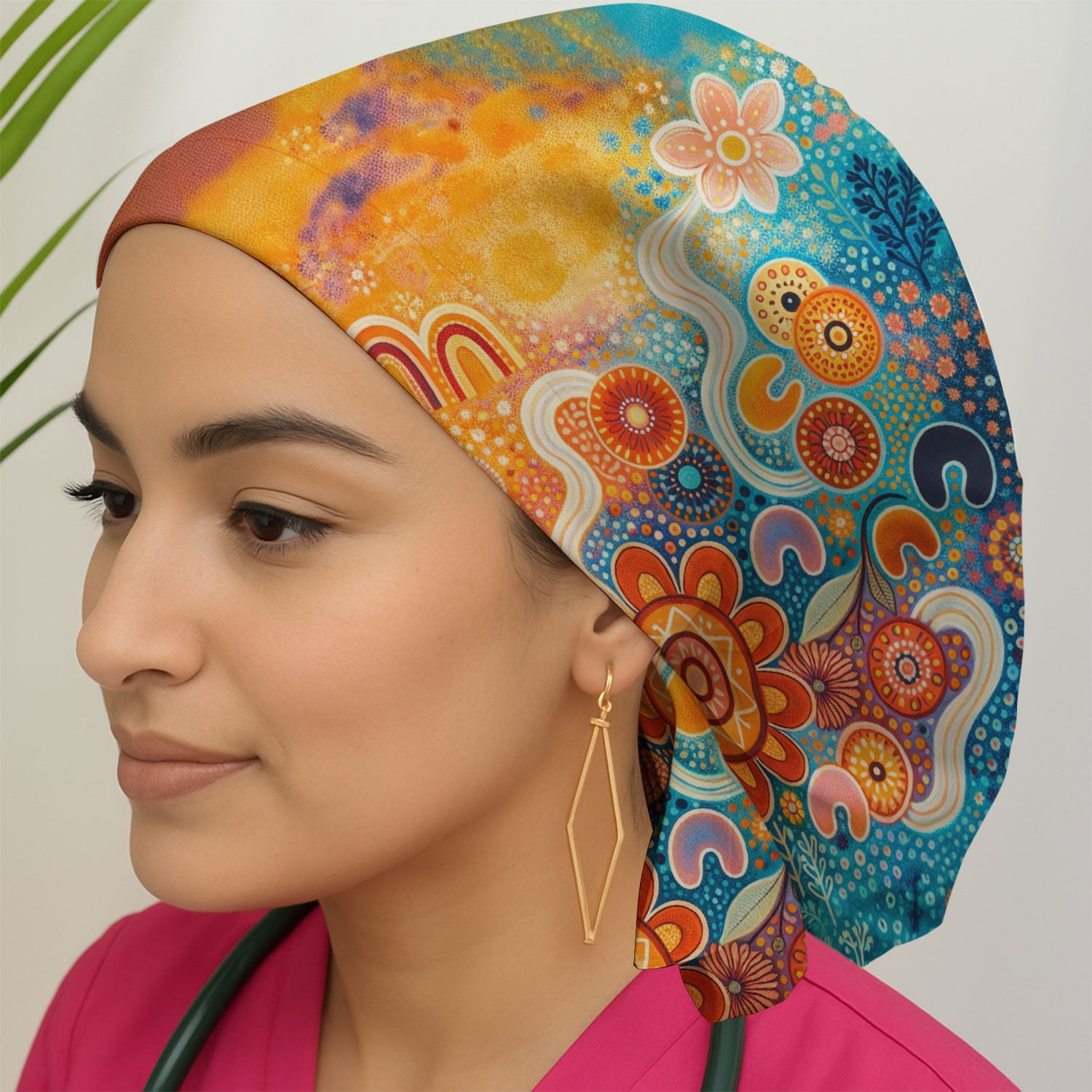Australian Dot Art Inspired Scrub Cap, Artistic Boho Pattern Nurse Hat, Comfortable Scrubs For Nursing