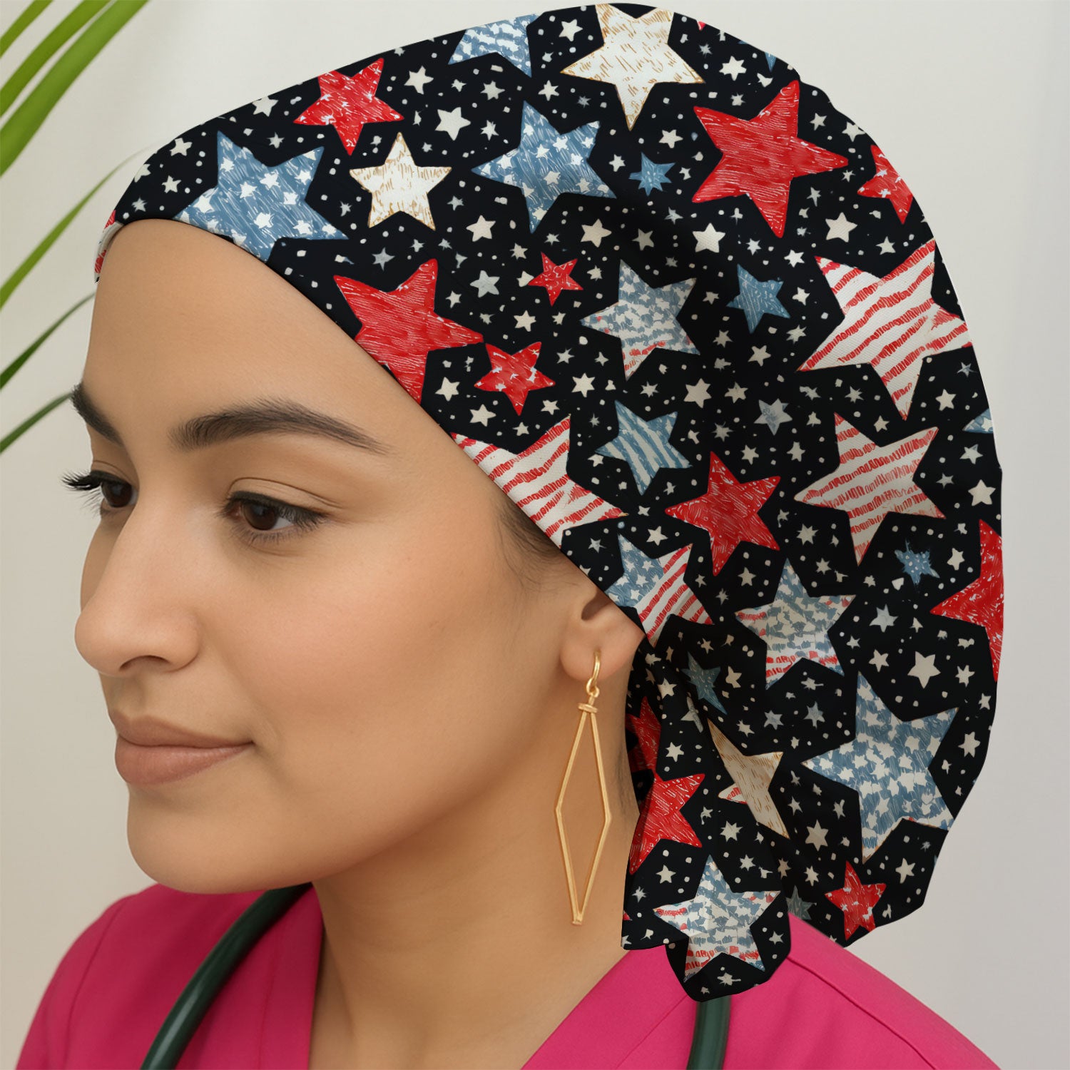 Patriotic Star Pattern Scrub Cap, Breathable Fabrics Caps Uniform