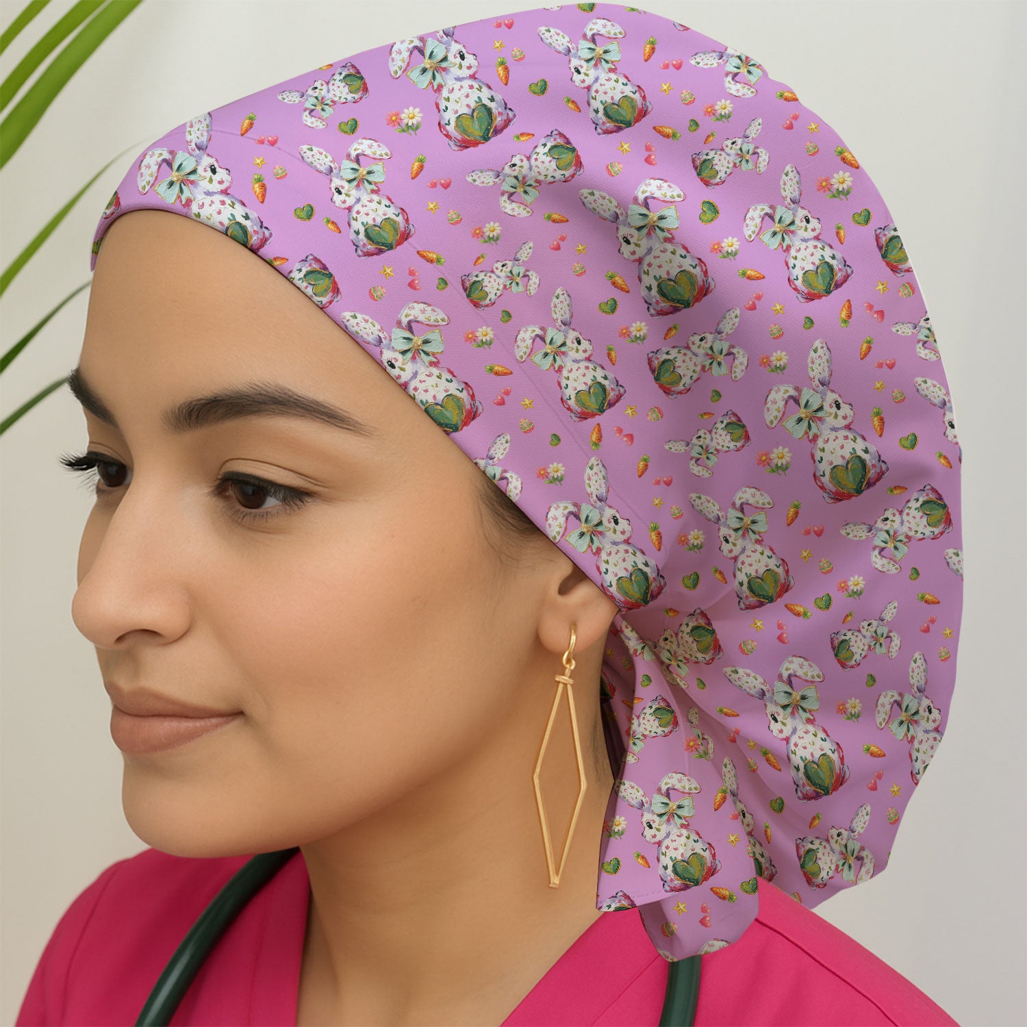 Cute Pastel Bunny Easter Pattern Cap, Bouffant Scrub Caps for Women
