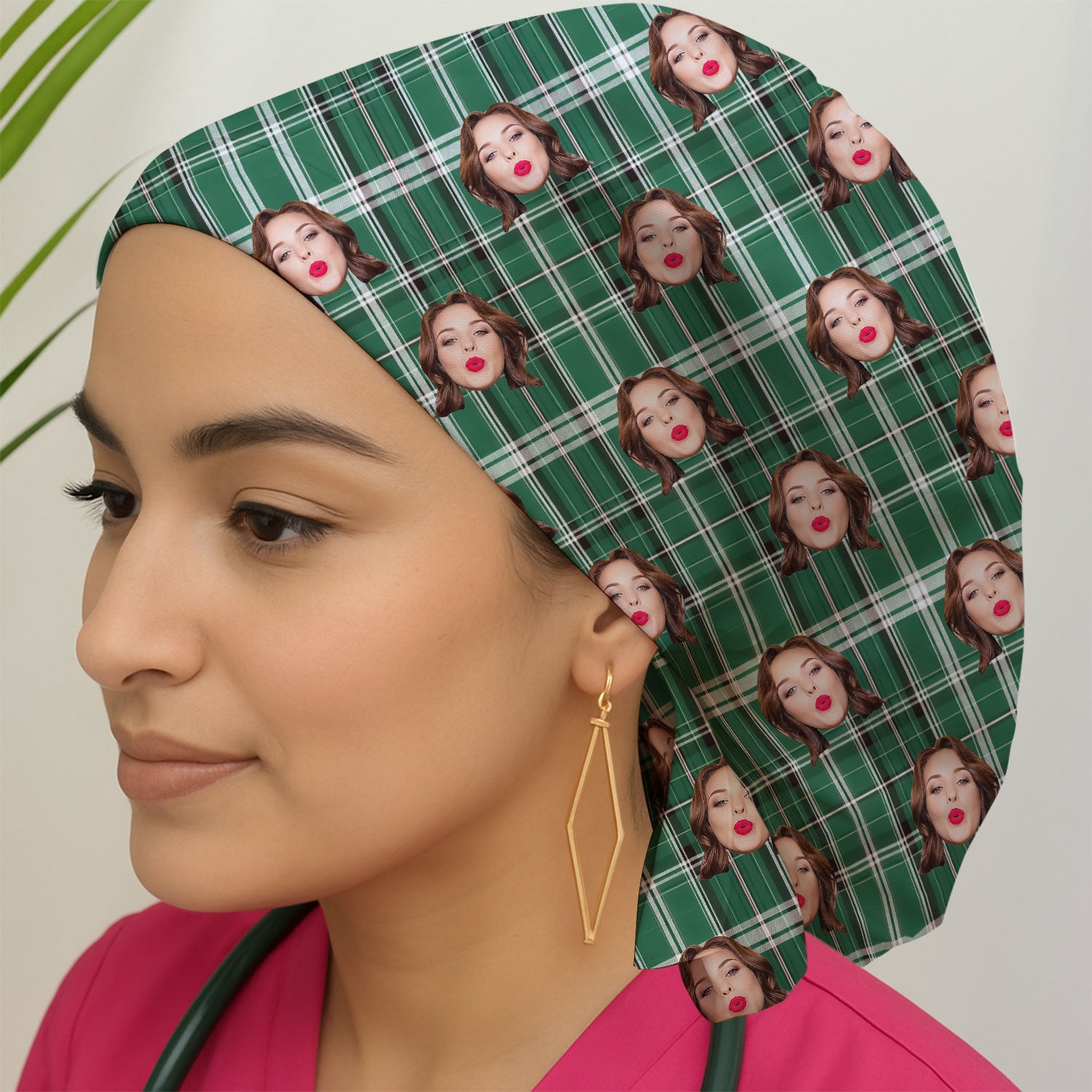 Personalized Funny Face Plaid Scrub Cap, Custom Photo Pattern Surgical Cap For Doctors, Breathable Fabrics Caps Uniform