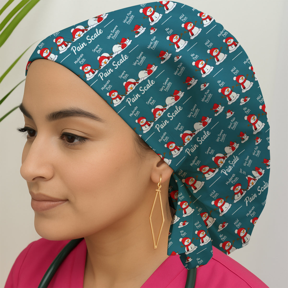 Funny Christmas Snowman Pain Scale Scrub Cap, Breathable Fabrics Nursing Uniform