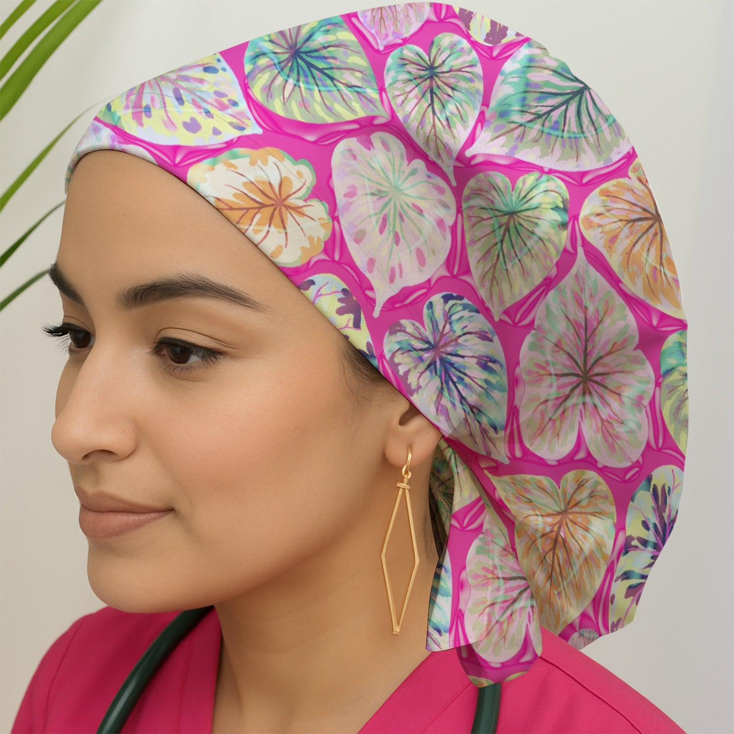 Tropical Colorful Shaped Leaf Nurse Pattern Scrub Cap, Surgical Caps for Doctors