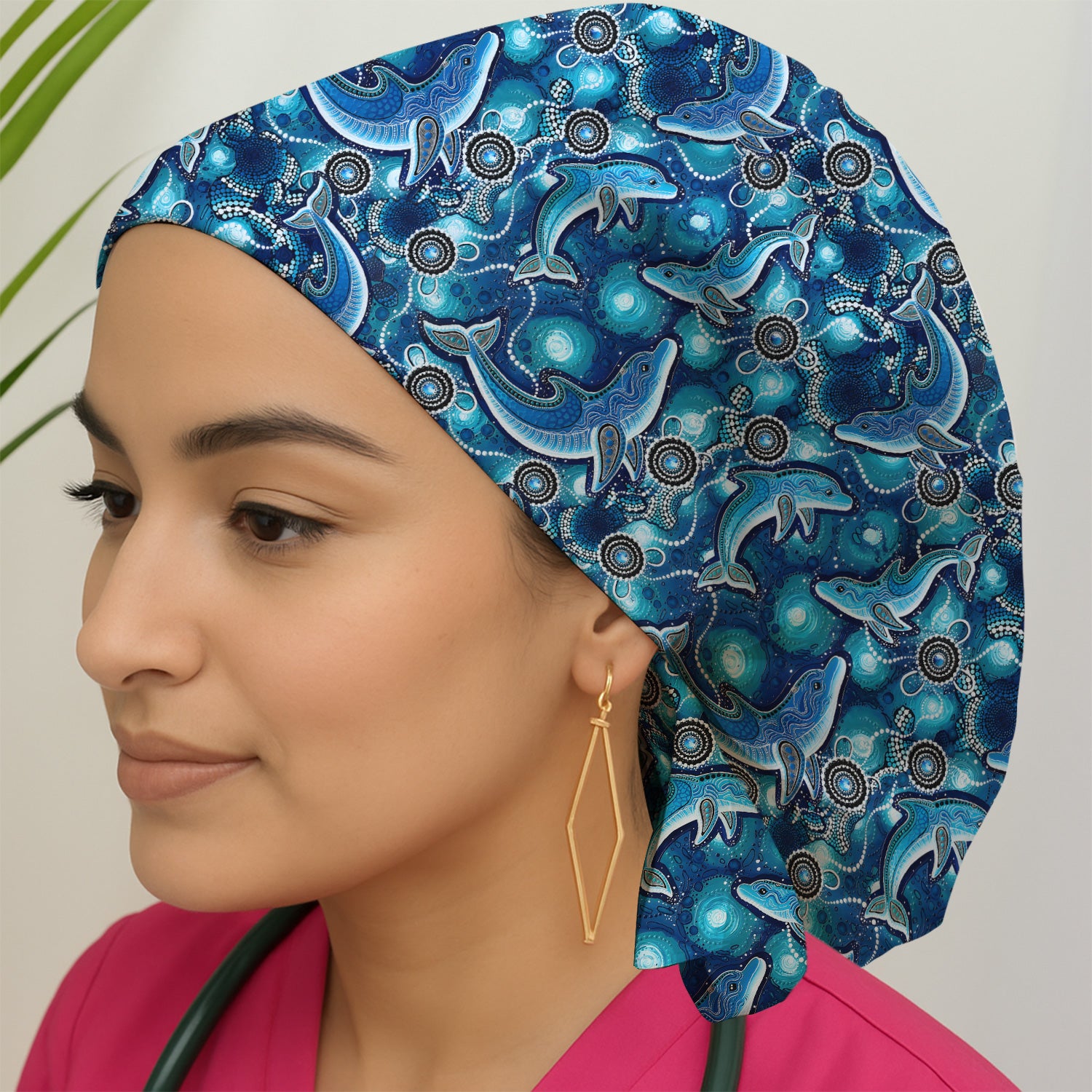 Ocean Dolphin Aboriginal Dot Print Scrub Cap, Surgical Caps for Doctors