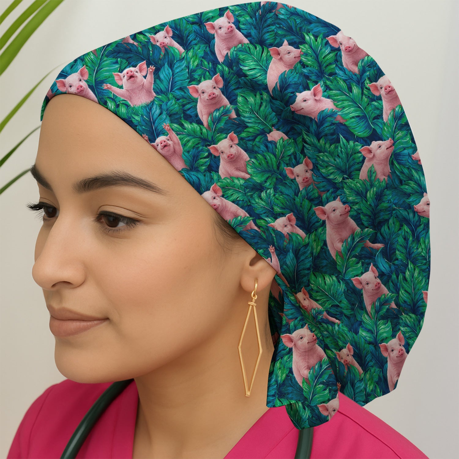Cute Piglet Jungle Leaves Pattern Scrub Cap, Surgical Caps for Doctors