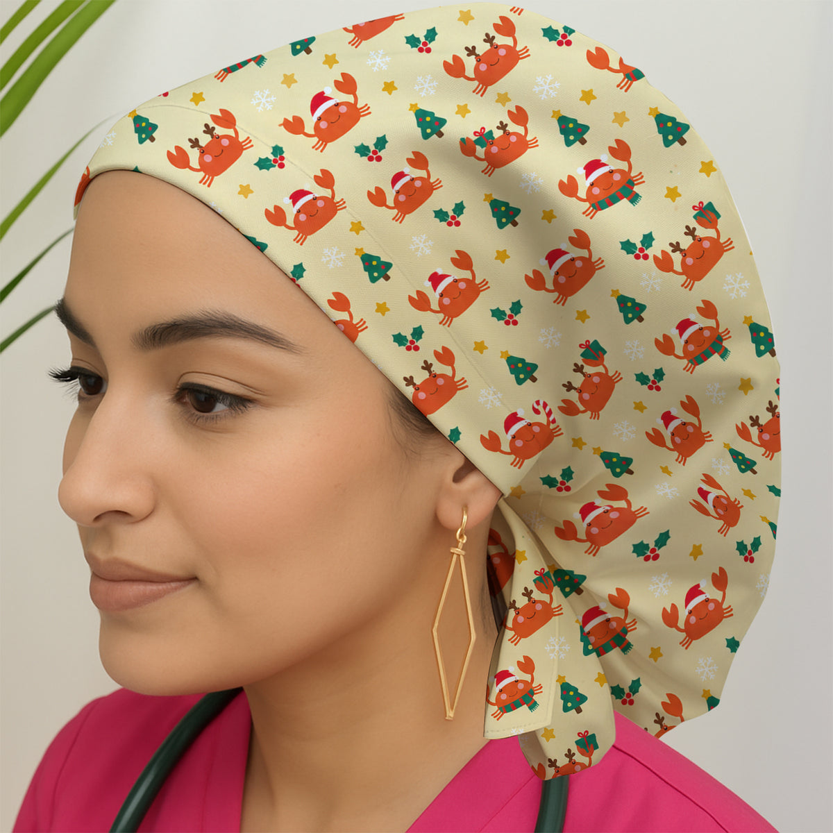 Christmas Crabs And Trees Pattern Scrub Cap, Surgical Caps for Doctors