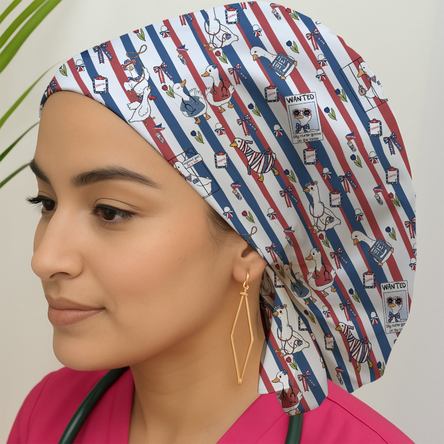 Funny Patriotic Goose Nurse Pattern Scrub Cap, Surgical Caps for Doctors