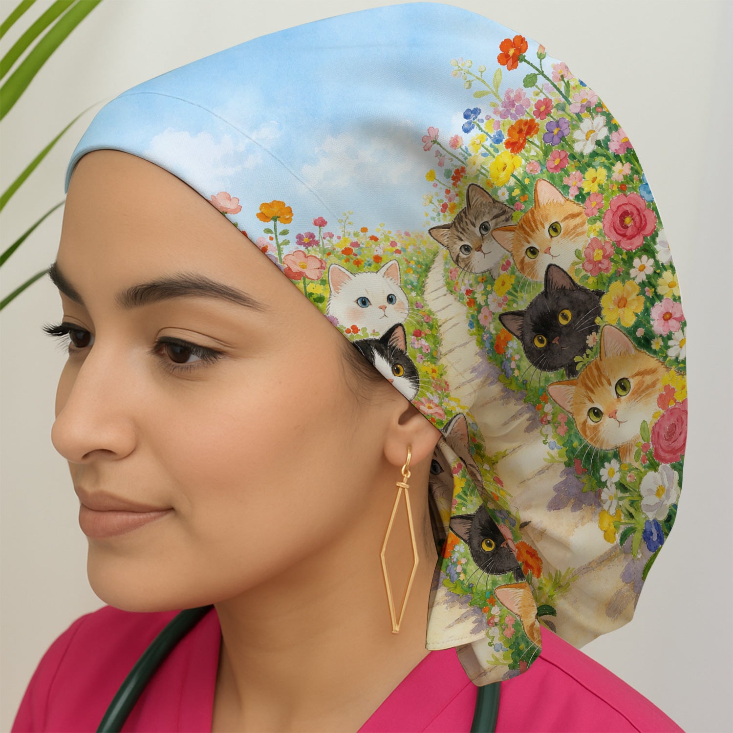 Cute Garden Cats Flower Path Pattern Scrub Cap, Surgical Caps for Doctors