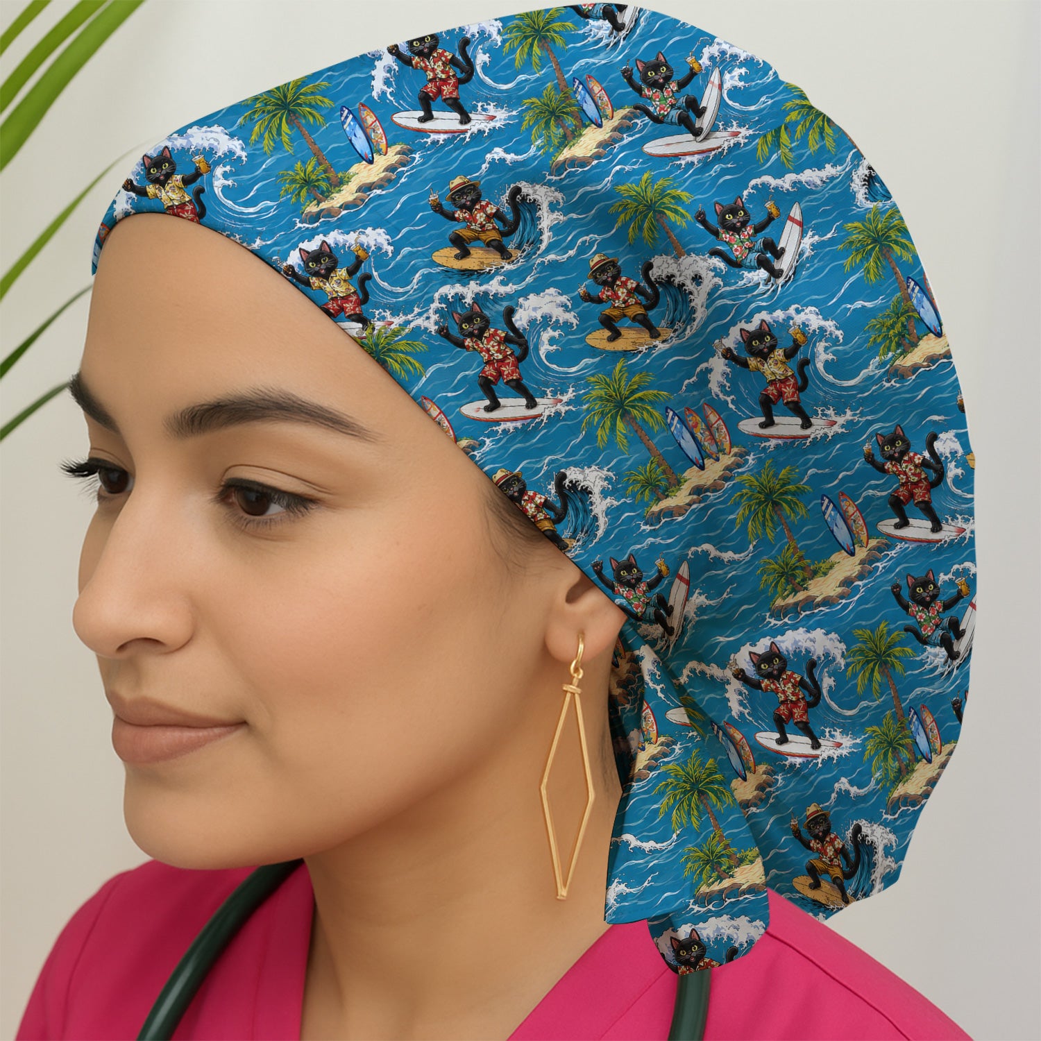 Tropical Black Cat Surfer Island Pattern Scrub Cap, Surgical Caps for Doctors