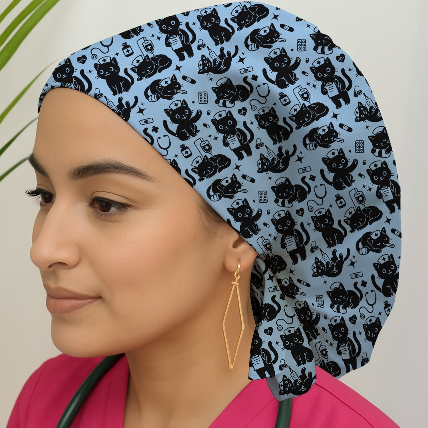 Cute Black Cat Nurse Pattern Scrub Cap, Surgical Caps for Doctors