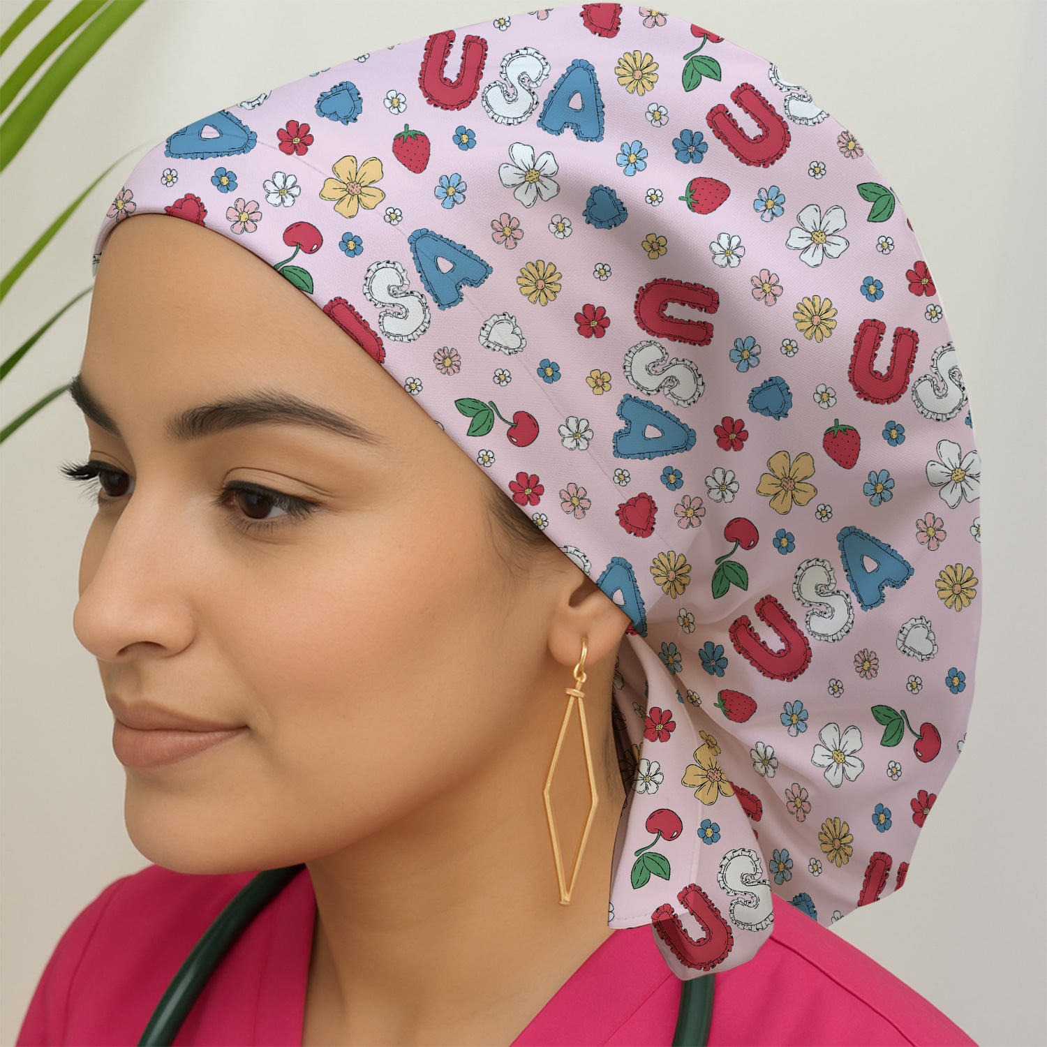 USA Cherry Strawberry Floral Patch Pattern Cap, Bouffant Scrub Caps for Women