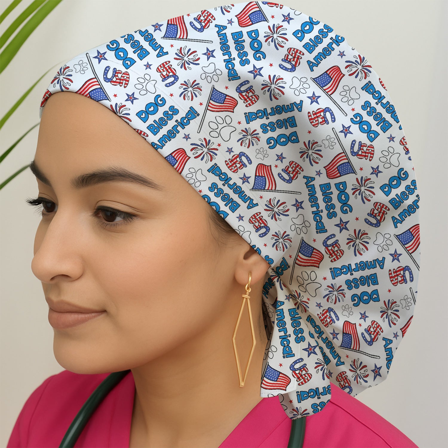 Funny Patriotic Dog Bless America Flag Pattern Scrub Cap, Surgical Caps for Doctors