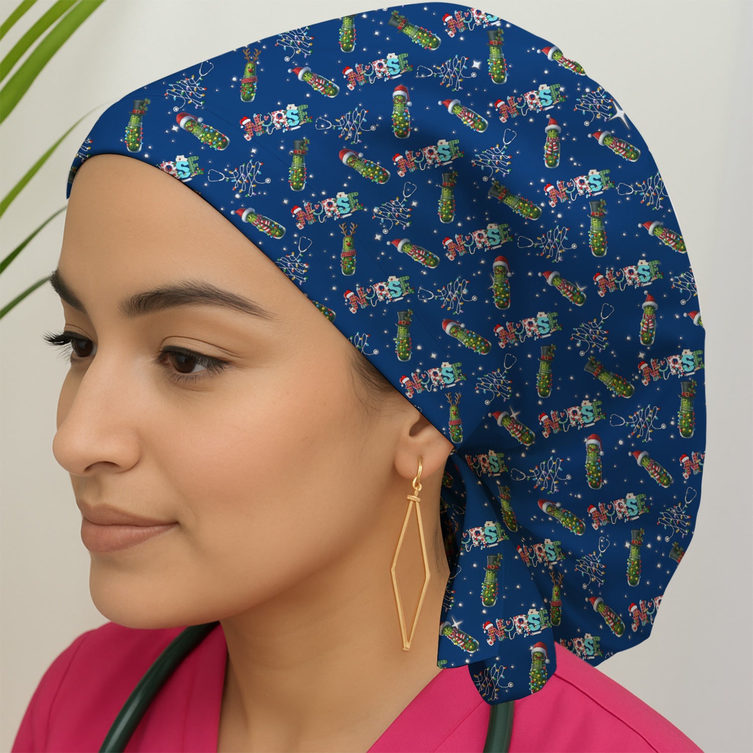 Christmas Nurse Scrub Cap with Buttons - Funny Pickle Holiday Surgical Hat for Women - Medical Bouffant Cap Long Hair
