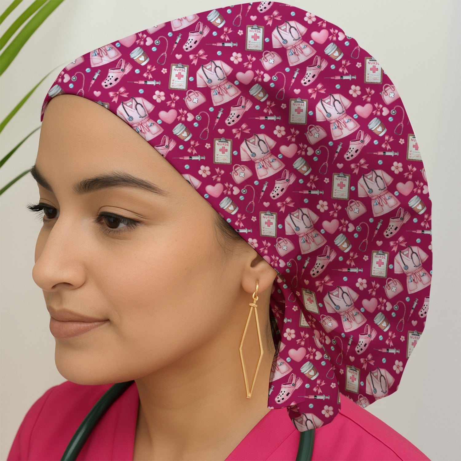 Valentine Pink Nurse Icons Print Scrub Cap, Bouffant Scrub Caps for Women