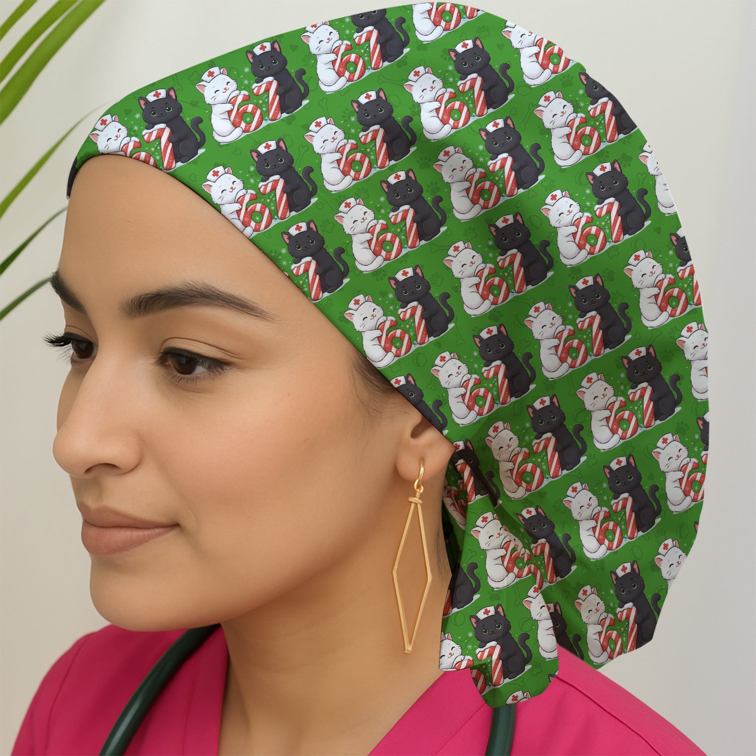 Xmas Cat Pattern Scrub Cap, Christmas Nurse Six Seven With Cat Scrub Hat, Breathable Fabrics Nursing Uniform