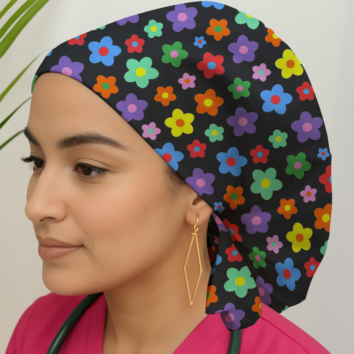 Colorful Retro Flower Pattern Print Scrub Cap, Surgical Caps for Doctors