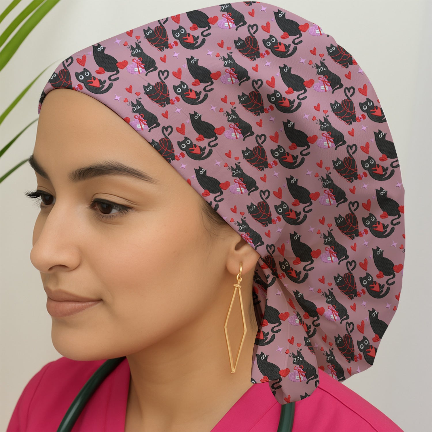 Valentine’s Day Scrub Cap, Cute Black Cat With Heart Pattern Nurse Hat, Breathable Fabrics Nursing Uniform