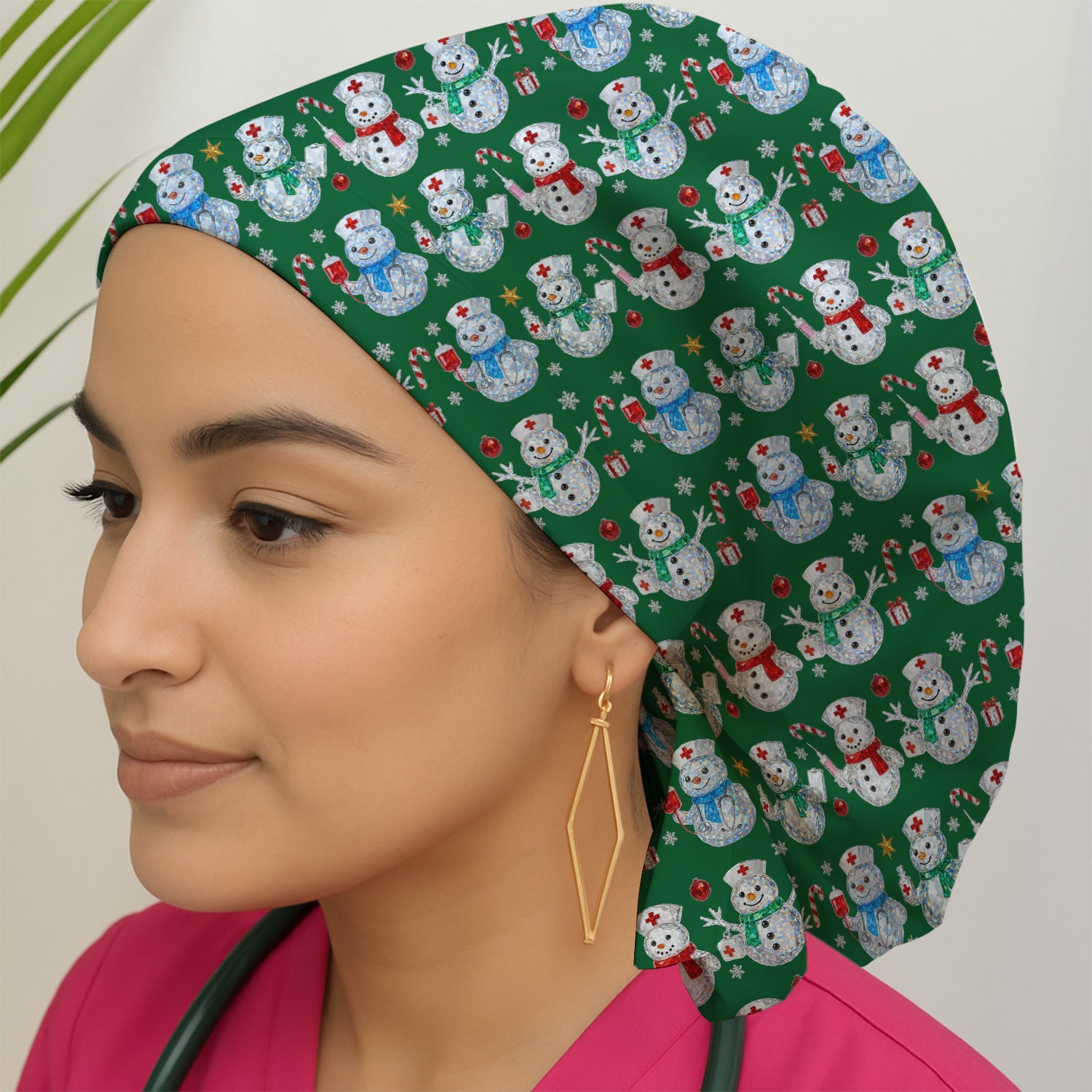 Nurse Snowman Christmas Scrub Cap, Cute Holiday Medical Pattern Hat For Women, Winter Snowflake Nursing Uniform