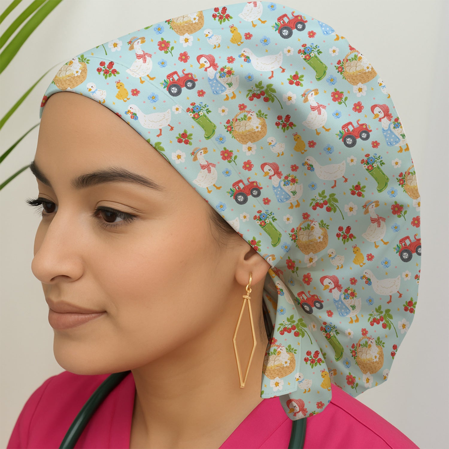 Farm Duck Chicken Tractor Flower Basket Scrub Cap, Surgical Caps for Doctors