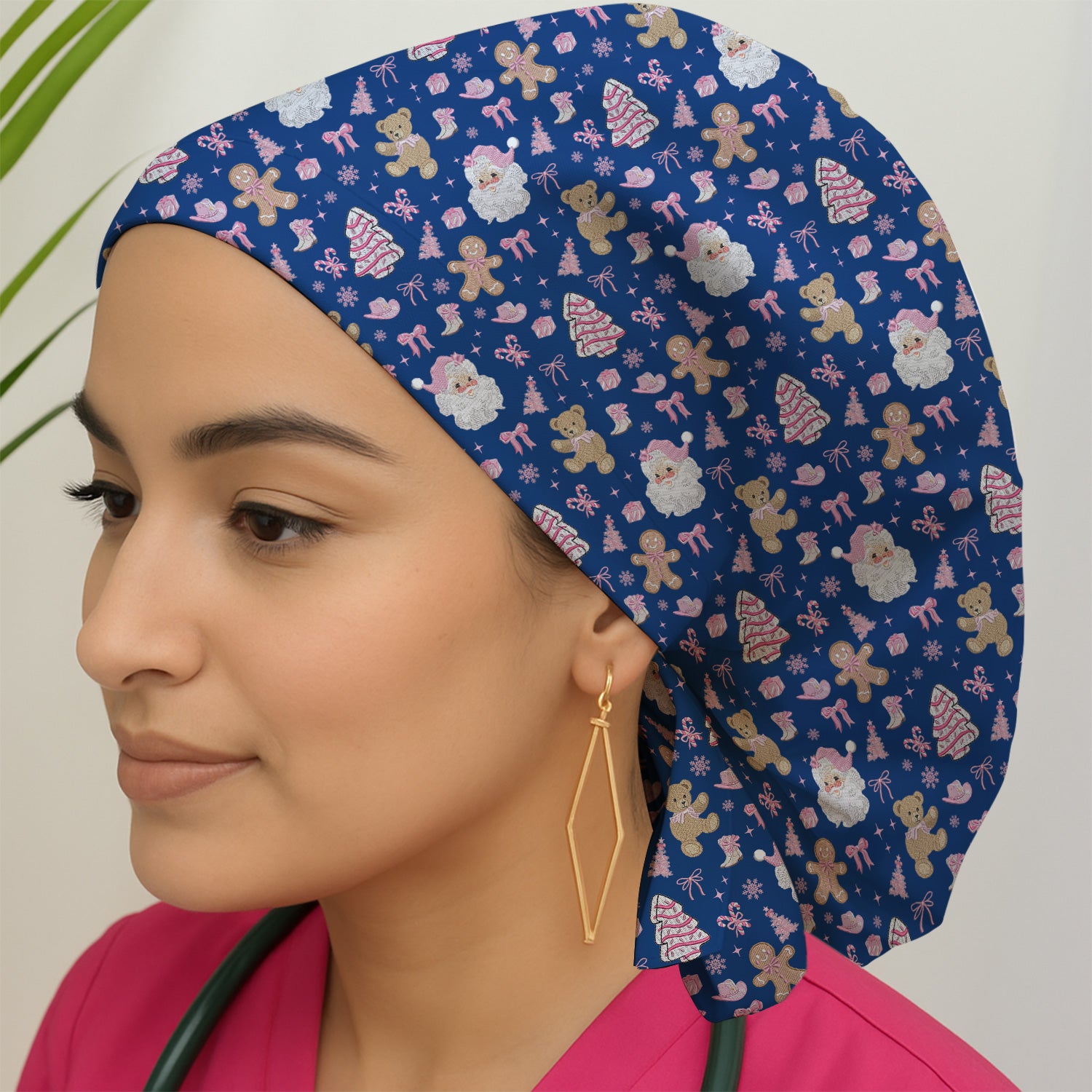 Pink Christmas Santa Gingerbread Scrub Cap, Cute Holiday Medical Pattern Hat, Breathable Fabrics Nursing Uniform