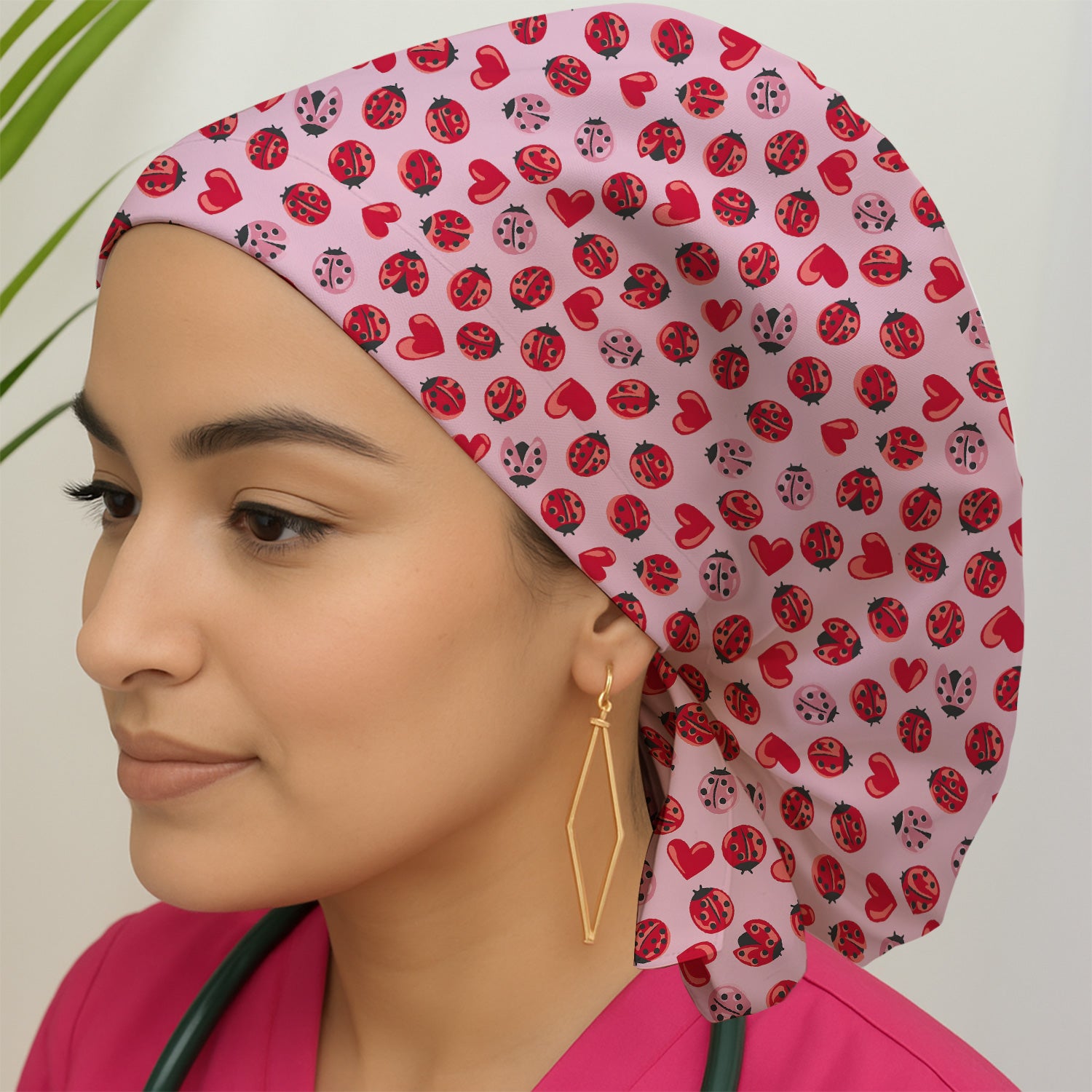 Cute Ladybug and Red Heart All Over Print Cap, Bouffant Scrub Caps for Women
