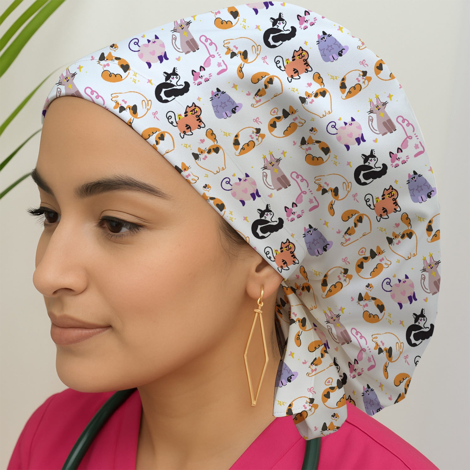 Funny Cat Pattern Scrub Cap, Cute Cats Nursing Uniform For Women