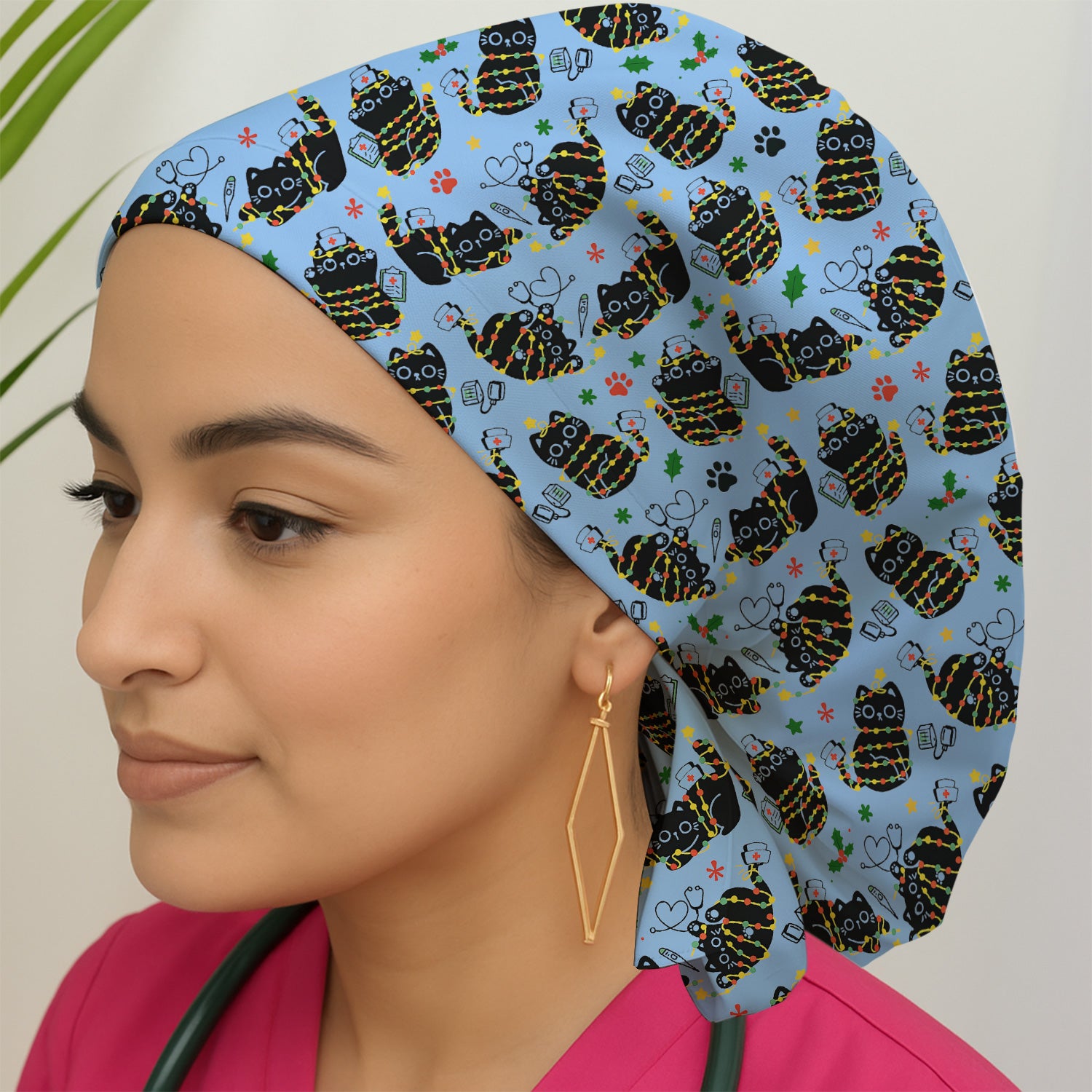 Black Cat Christmas Scrub Cap – Nurse & Holiday Lights Pattern Cap – Cute Medical Uniform For Nursing