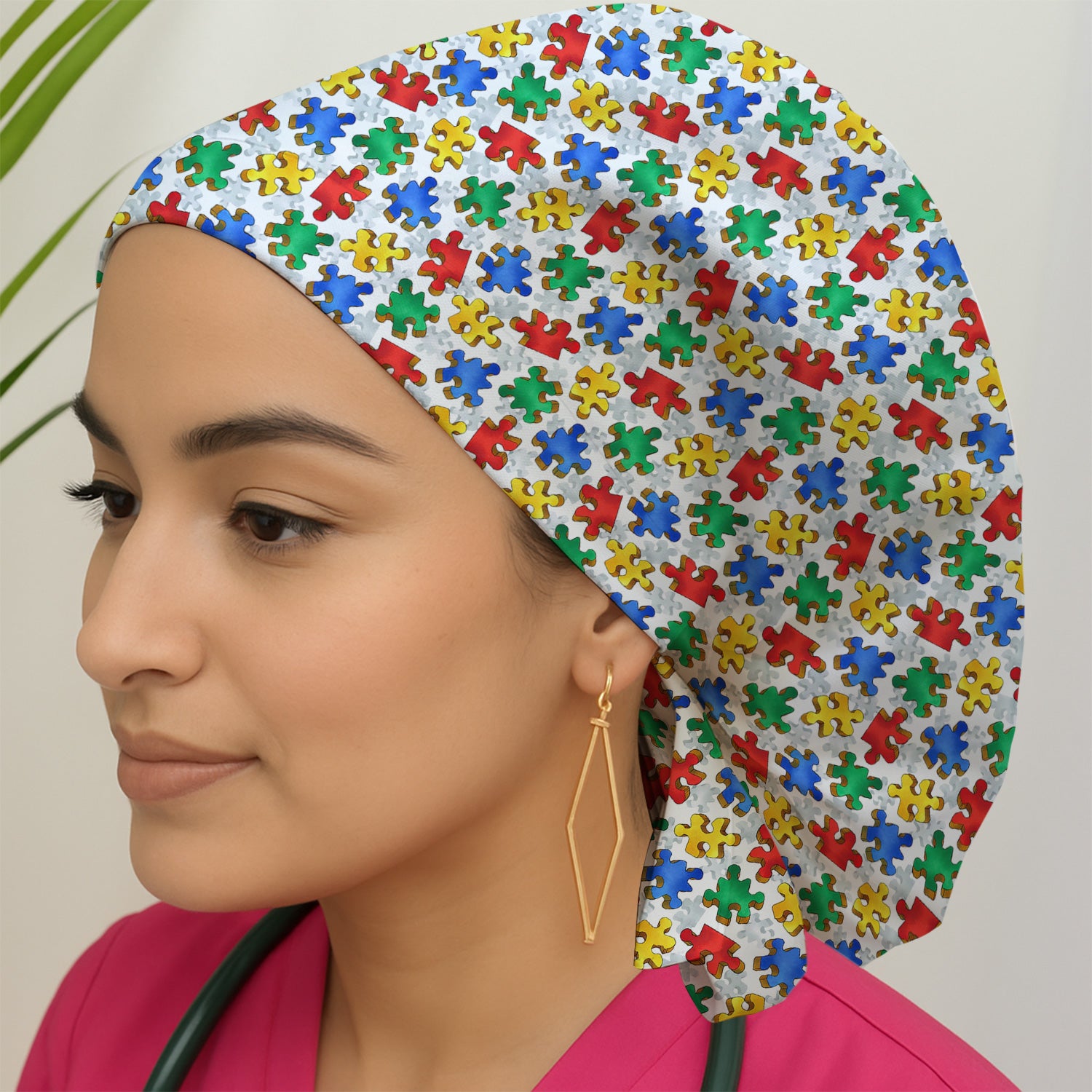 Colorful Autism Puzzle Piece Pattern Cap, Bouffant Scrub Caps for Women
