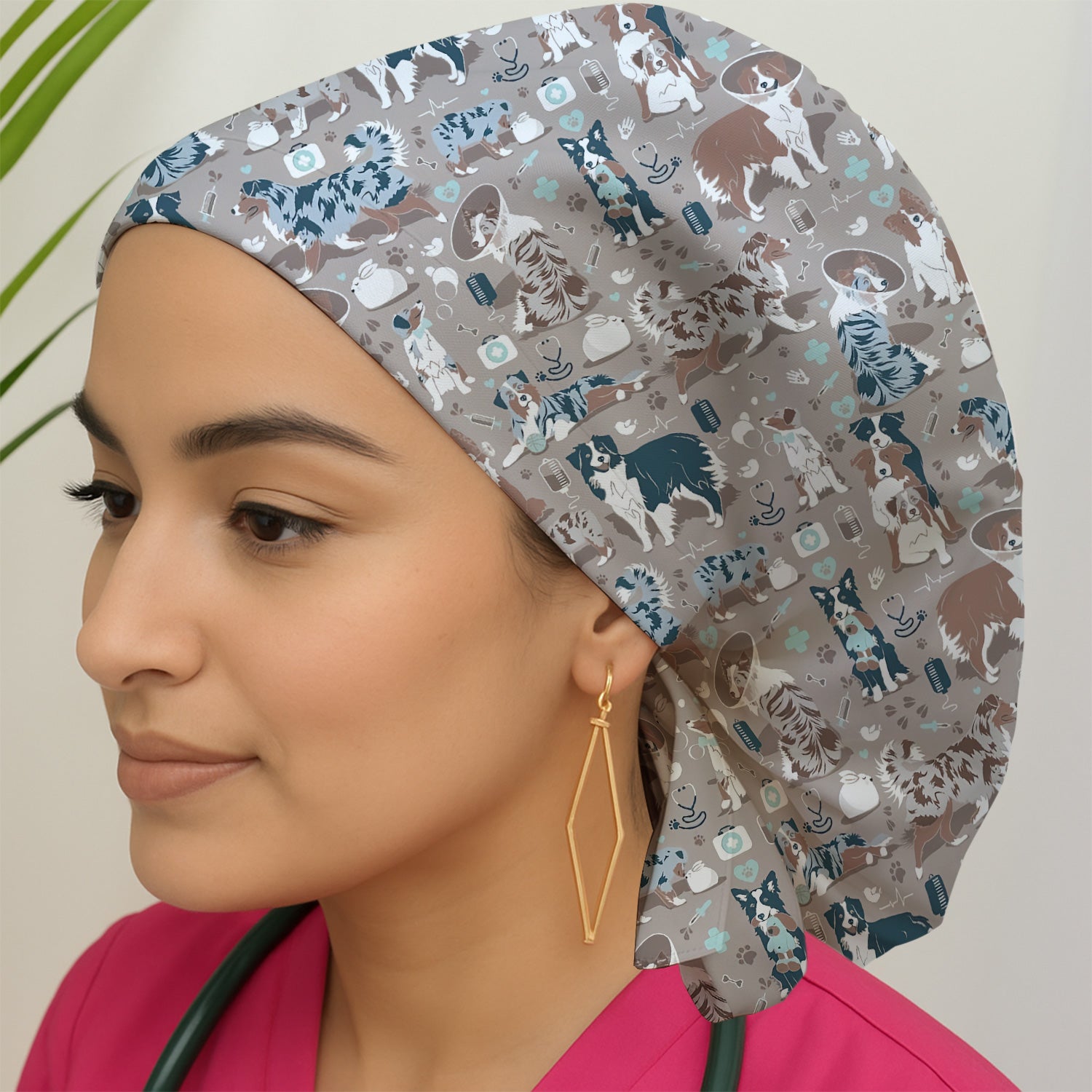 Cute Dog Pattern Veterinary Scrub Cap, Bouffant Scrub Caps for Women