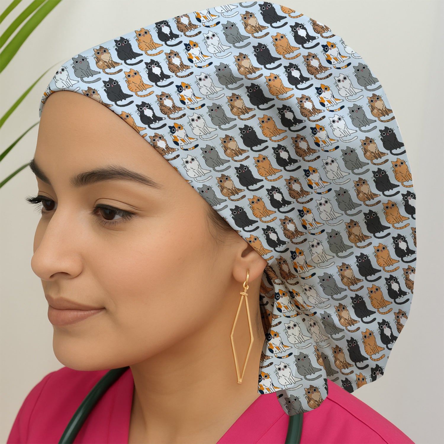Cute Cartoon Cat Pattern Scrub Cap, Bouffant Scrub Caps for Women