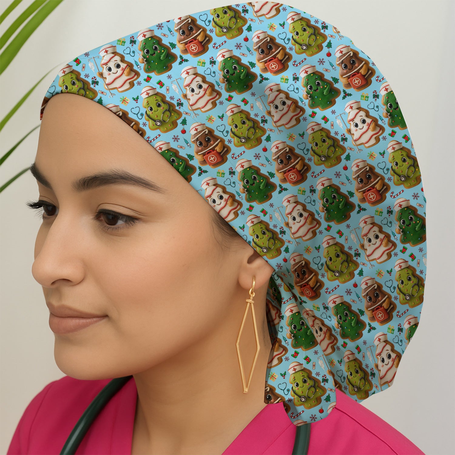 Christmas Cookie Scrub Cap – Festive Nurse & Holiday Tree Pattern – Cute Medical Uniform for Nurses, Vets and Healthcare Workers