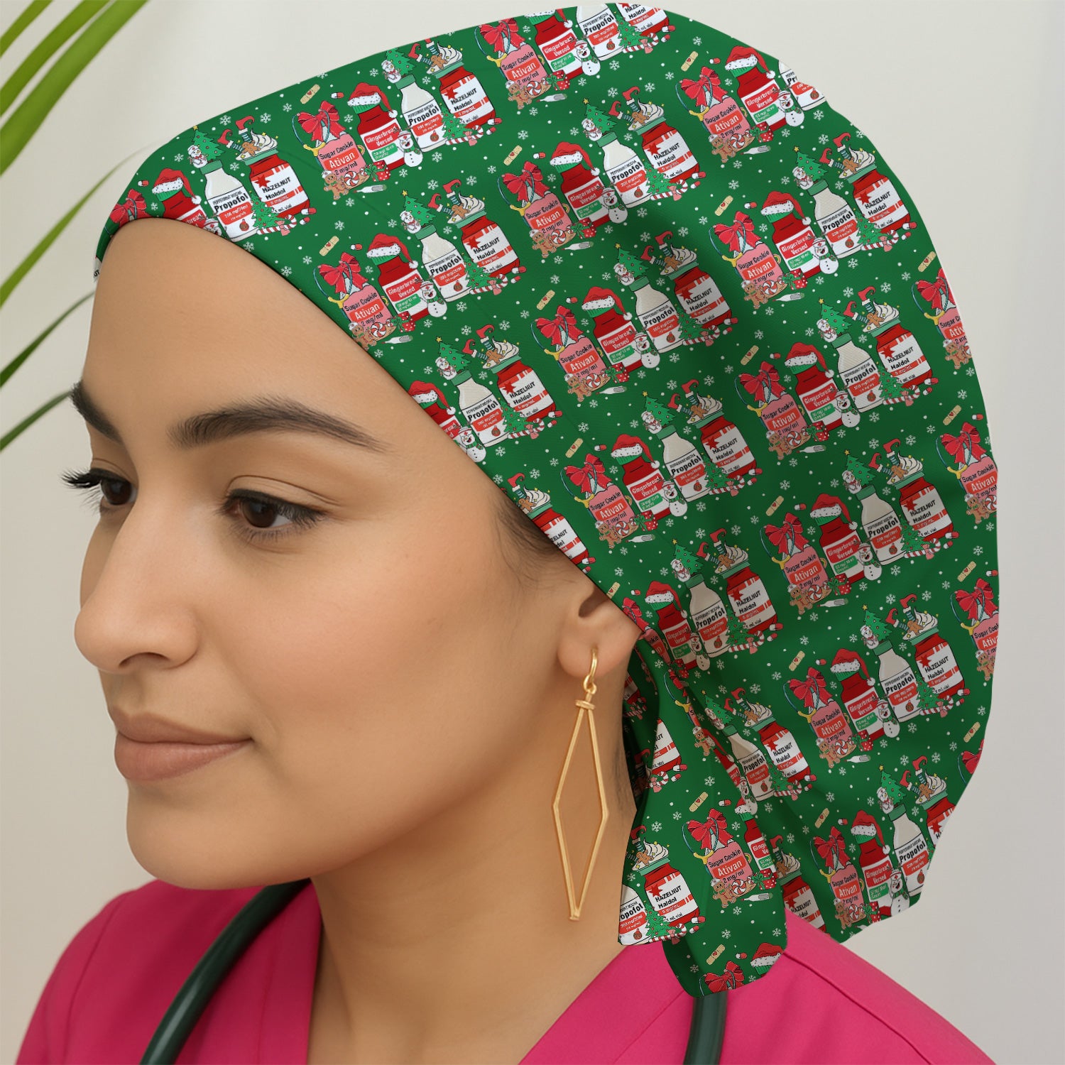 Funny Christmas Medication Scrub Cap – Festive Holiday Pharma Bottles Pattern – Playful Medical Uniform for Nurses, Pharmacists & Healthcare Workers