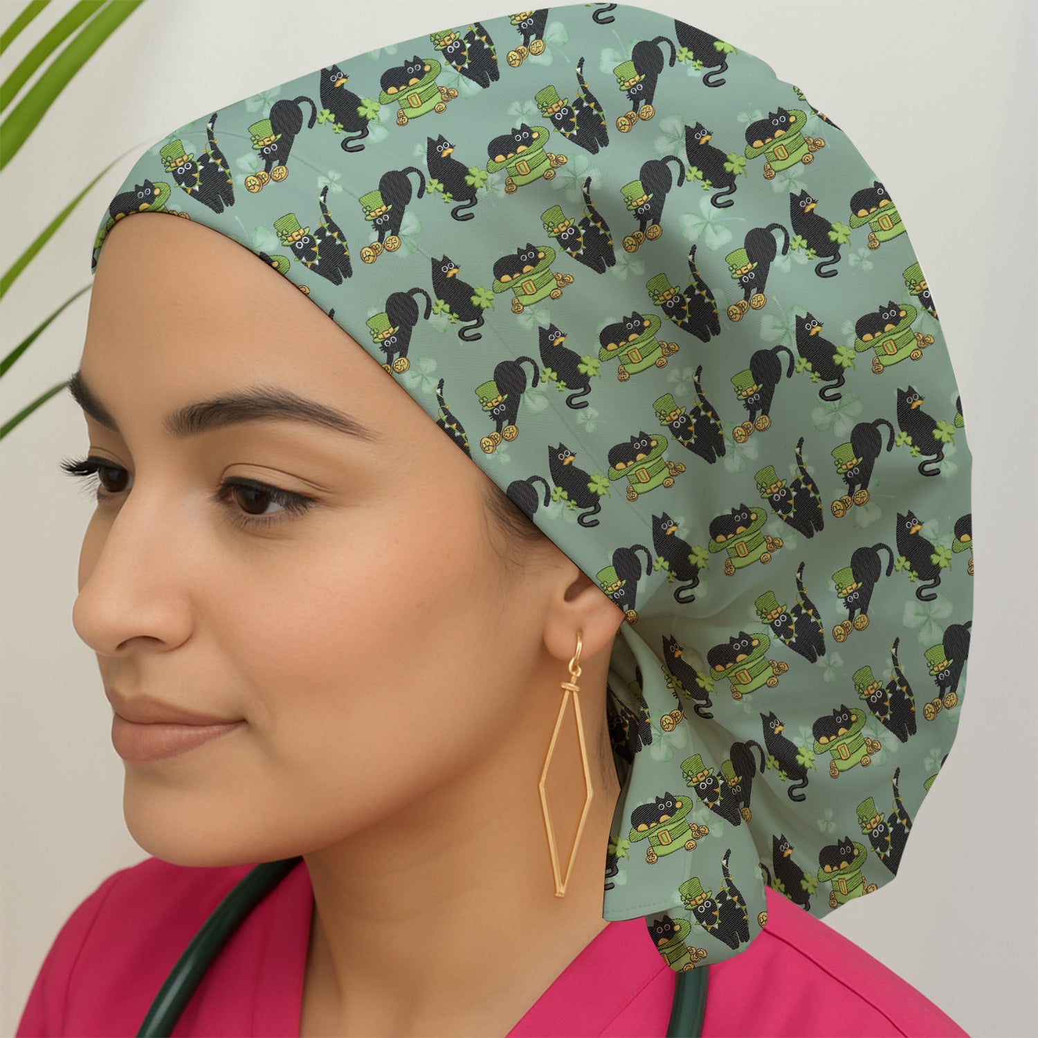 St. Patrick Black Cat Clover Print Scrub Cap, Bouffant Scrub Caps for Women
