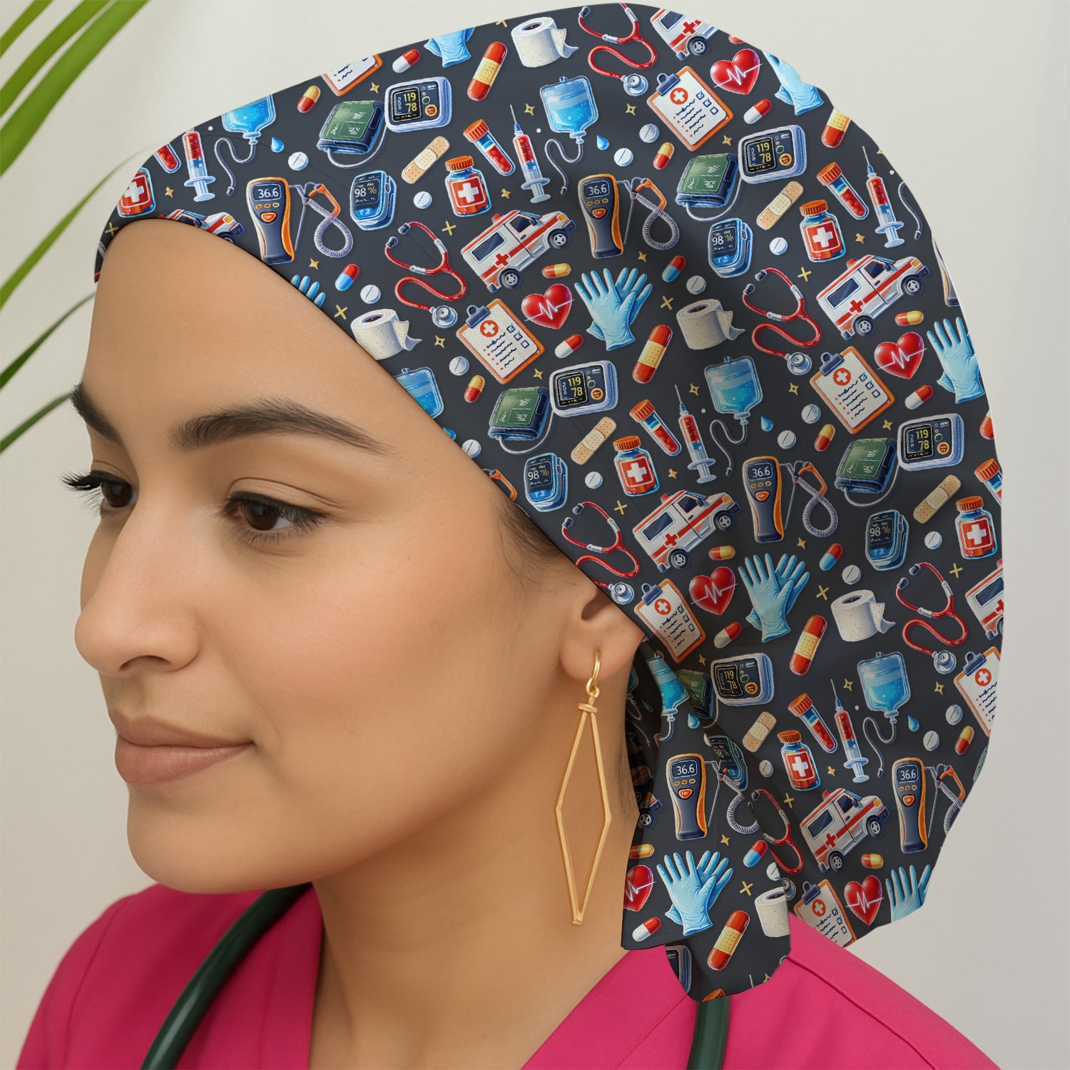 Medical Tools Pattern Ambulance Stethoscope Scrub Cap, Surgical Caps for Doctors
