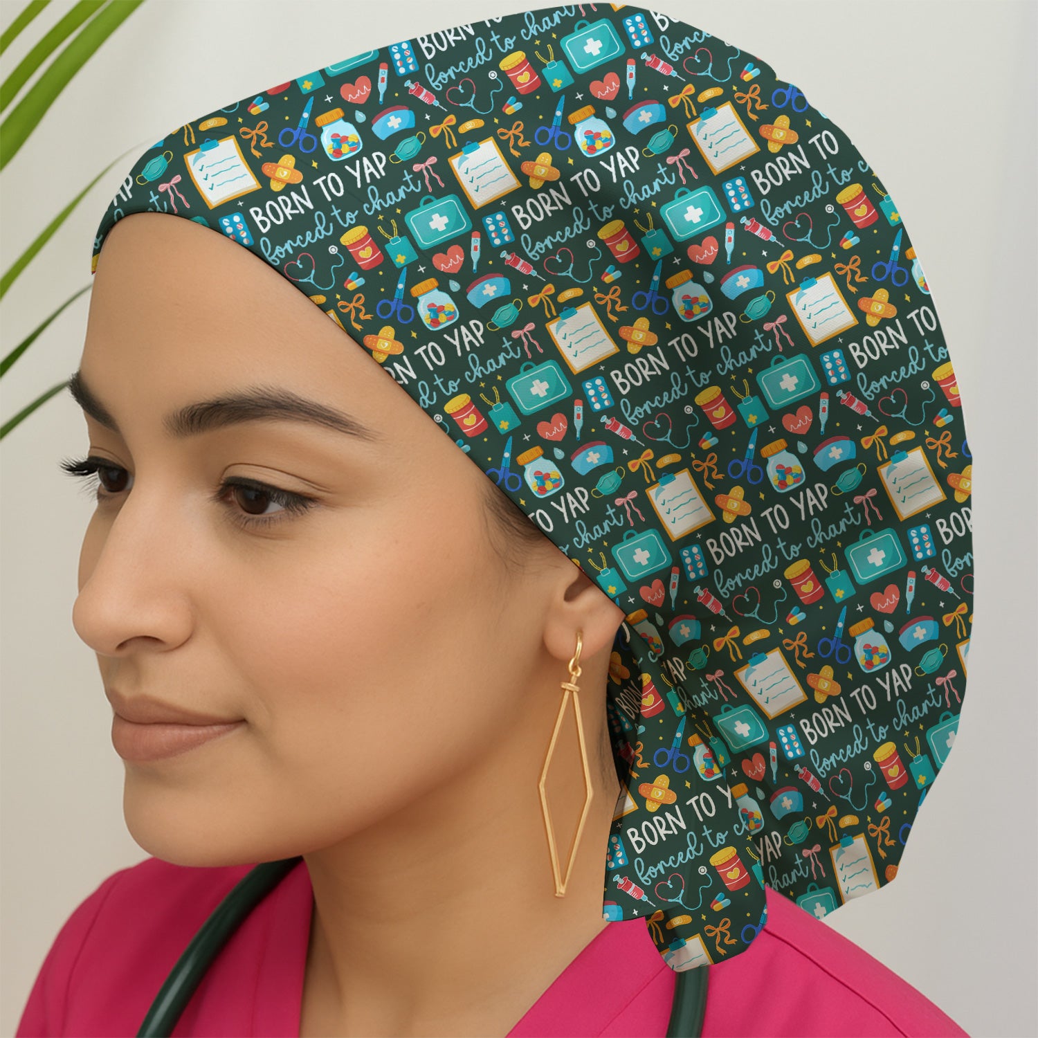 Born To Yap Medical Tools Pattern Cap,Bouffant Scrub Caps for Women