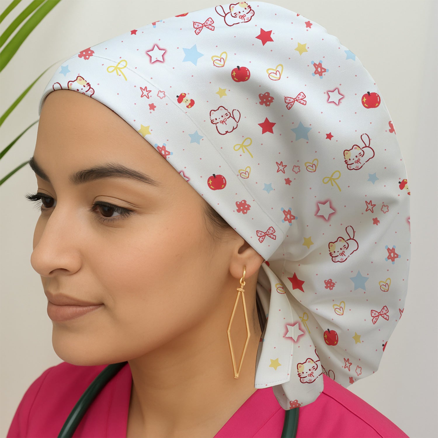 Cute Kawaii Cat Bow Star Pattern Print Cap, Bouffant Scrub Caps for Women