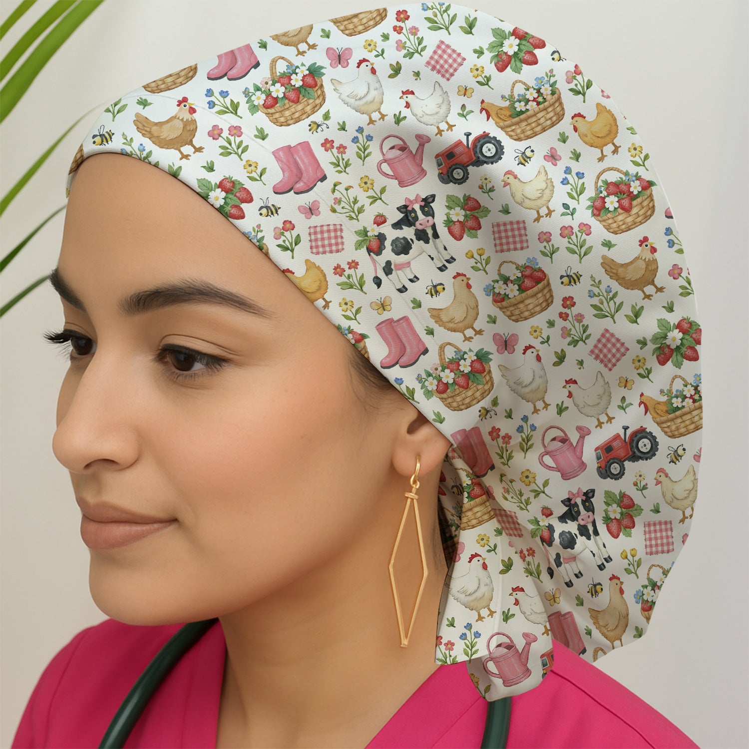 Whimsical Farm Animals Garden Pattern Surgical Cap, Breathable Fabrics Caps Uniform