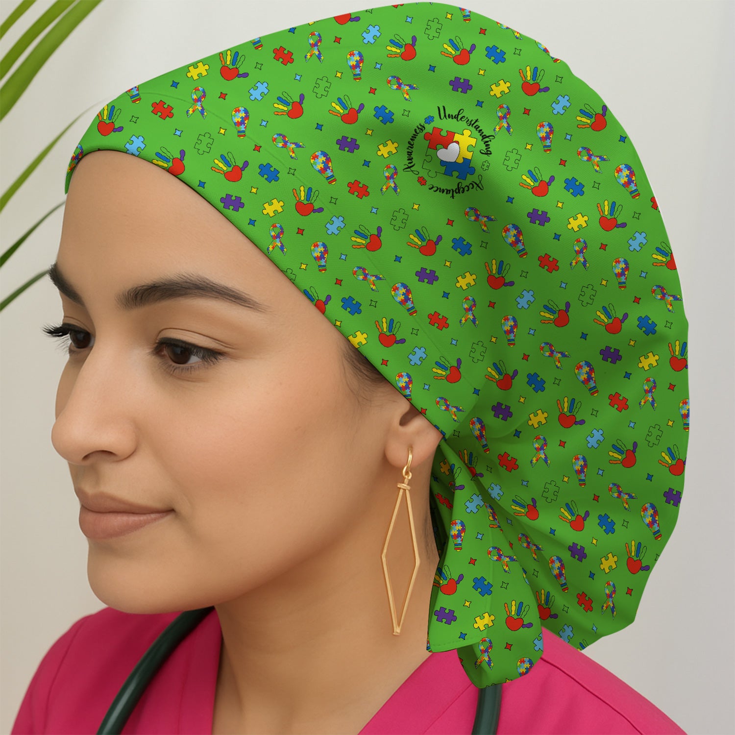 Autism Awareness Colorful Puzzle Pattern Print Cap, Bouffant Scrub Caps for Women
