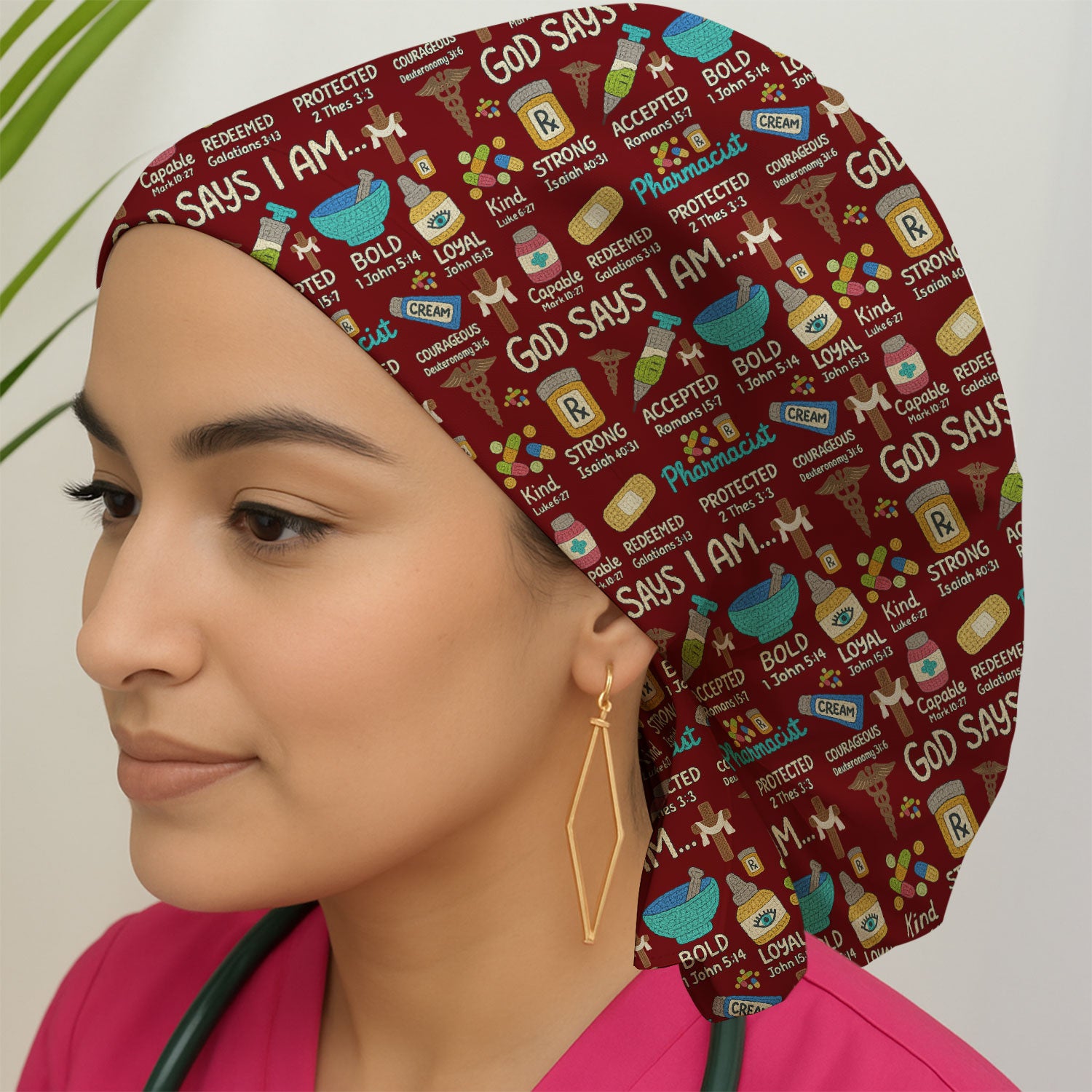 God Says I Am Pharmacist Bouffant Scrub Caps for Women - Christian Holiday Nursing Gift - Breathable Fabrics Caps Uniform