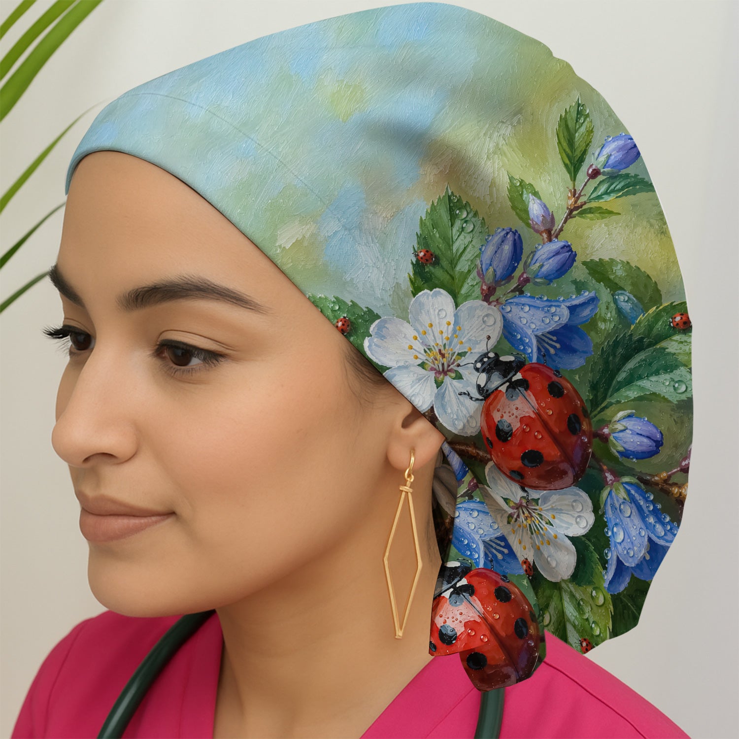 Cute Ladybug Blossom Garden Pattern Scrub Cap, Surgical Caps for Doctors