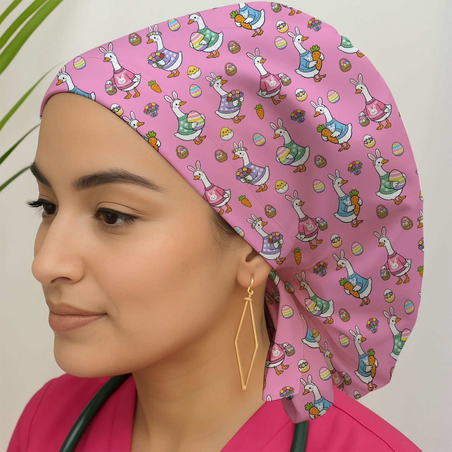 Cute Easter Goose Pattern Cap, Bouffant Scrub Caps for Women