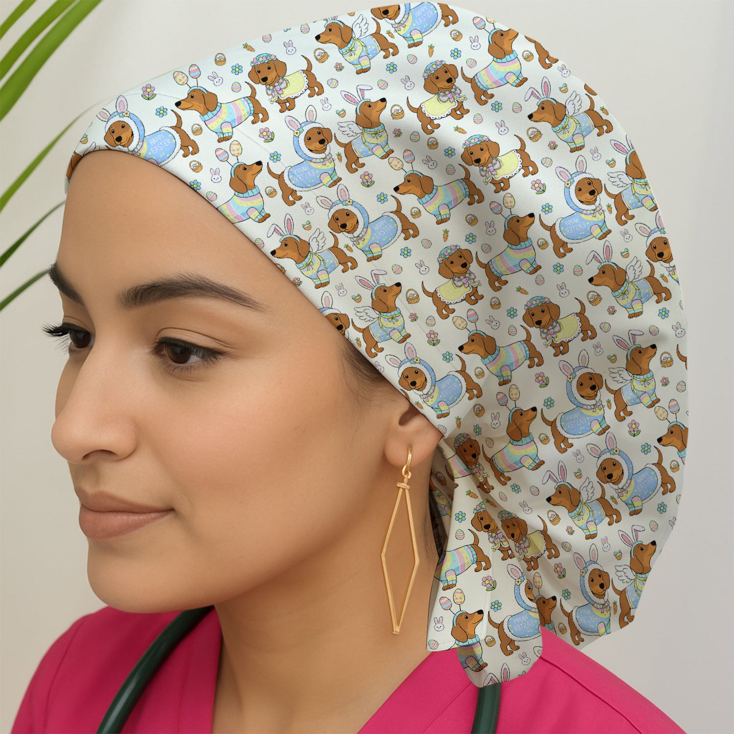 Easter Dachshund Bunny Print Scrub Cap, Breathable Fabrics Caps Uniform