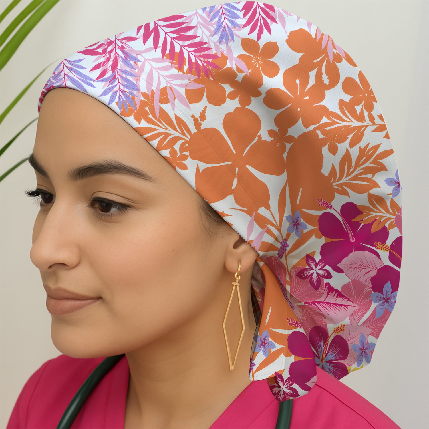 Cheerful Tropical Hibiscus Bloom Pattern Scrub Cap, Surgical Caps for Doctors