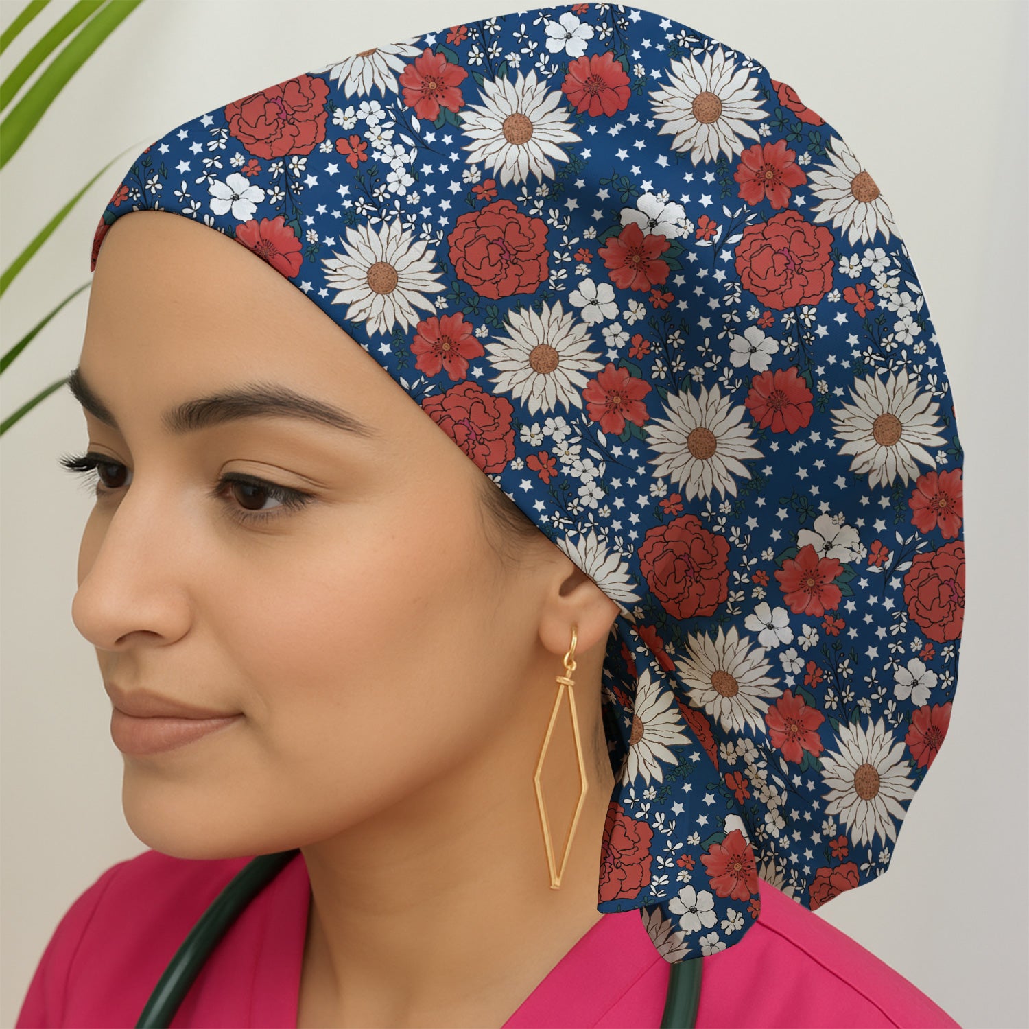 Red White Blue Floral Pattern Scrub Cap, Surgical Caps for Doctors