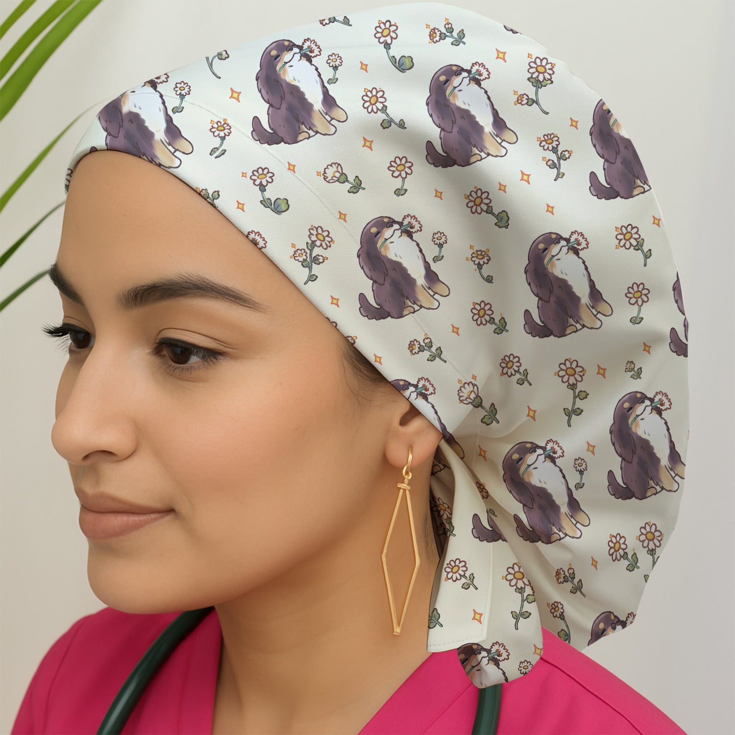 Cute Floral Otter Holding Daisy Pattern Scrub Cap, Surgical Caps for Doctors