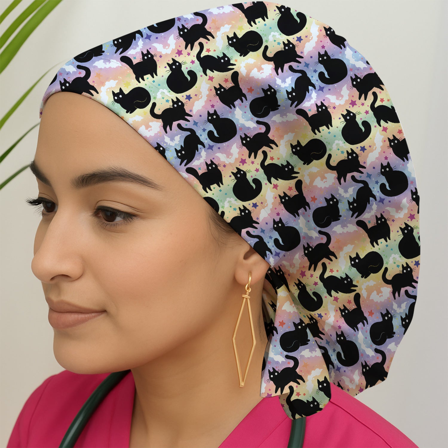 Pastel Star Black Cat Pattern Scrub Cap, Surgical Caps for Doctors