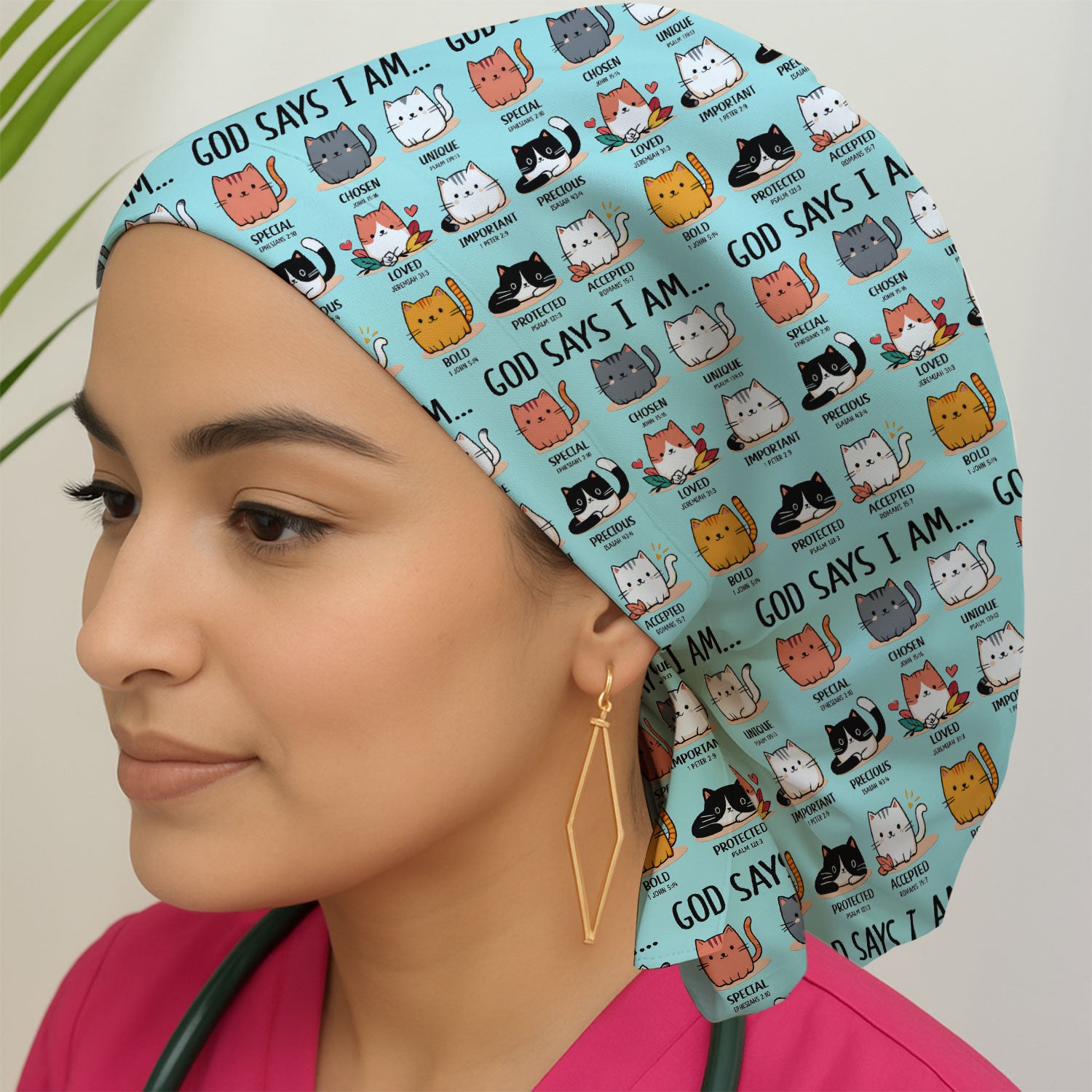 Cute Christian Cat God Says I Am Cap, Bouffant Scrub Caps for Women